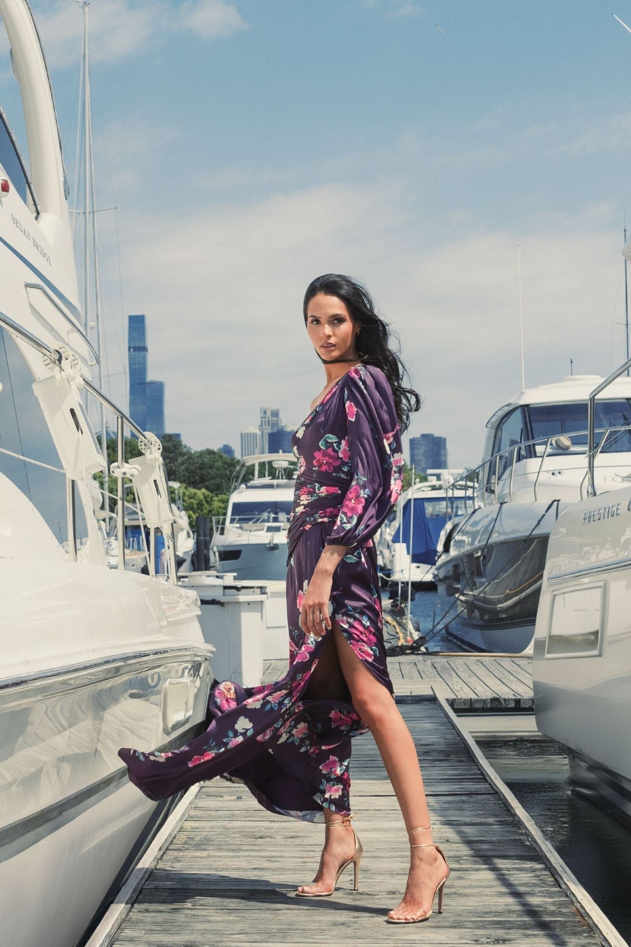 Purple One Sleeve Floral Print Charmeuse Gown With Slit