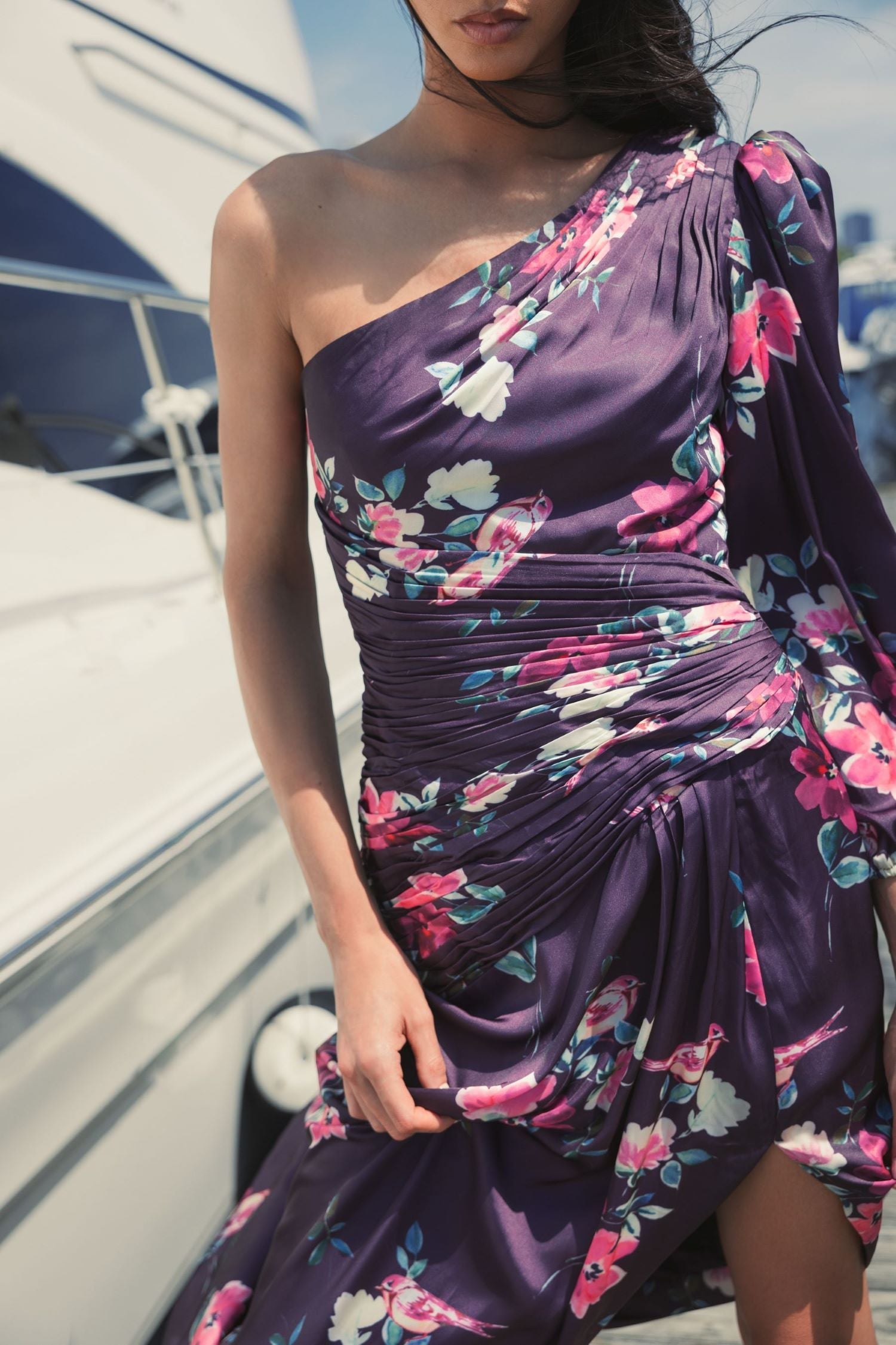 purple floral one shoulder dress Ruched Maxi Floral Lilac One Shoulder Wedding Guest Dress with Pearls