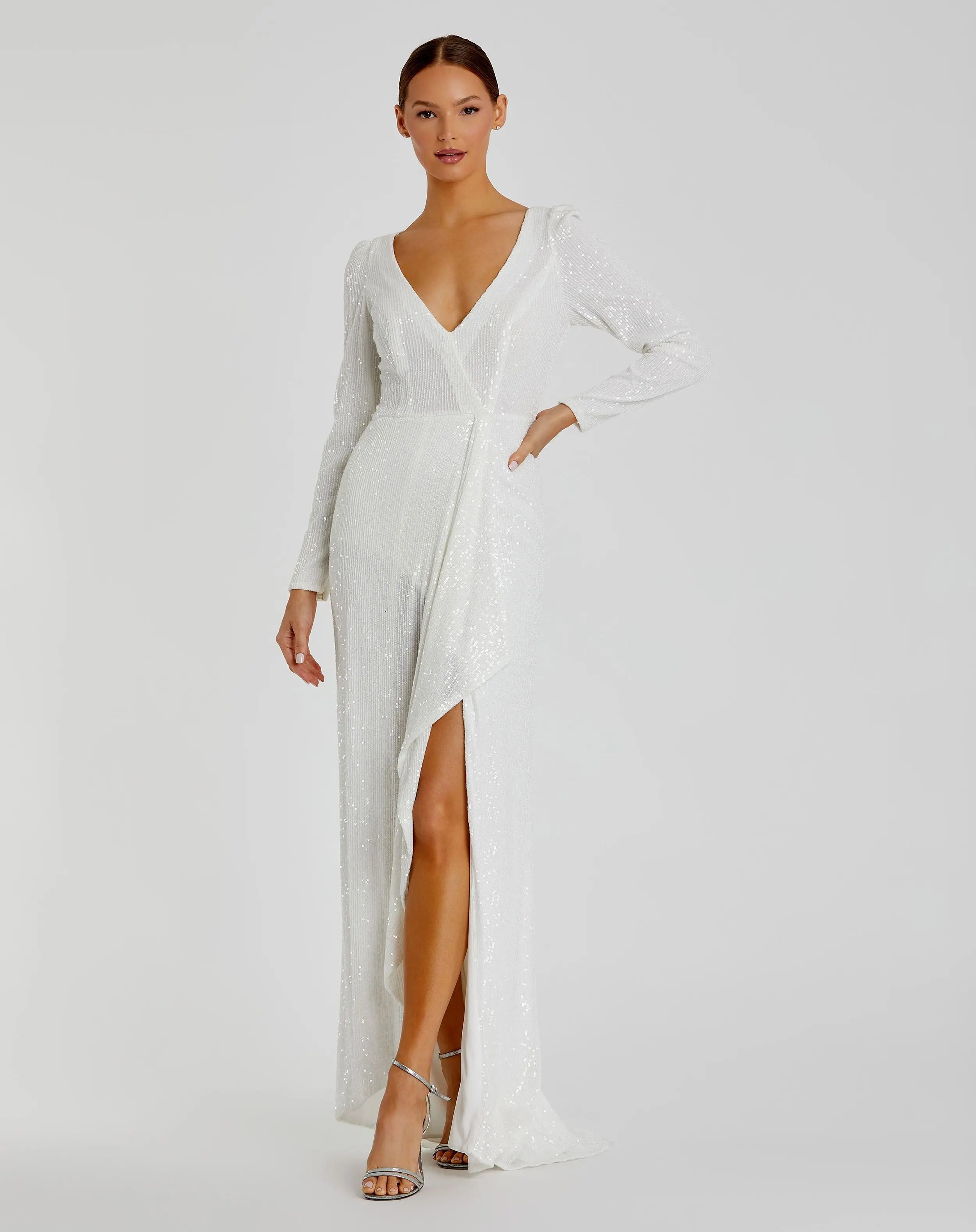 White Faux Wrap Long Sleeve Sequin Gown - Ieena for Mac Duggal