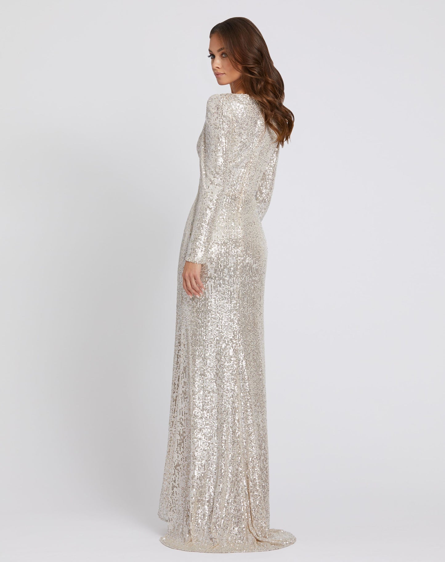 Sequined Faux Wrap Long Sleeve Gown