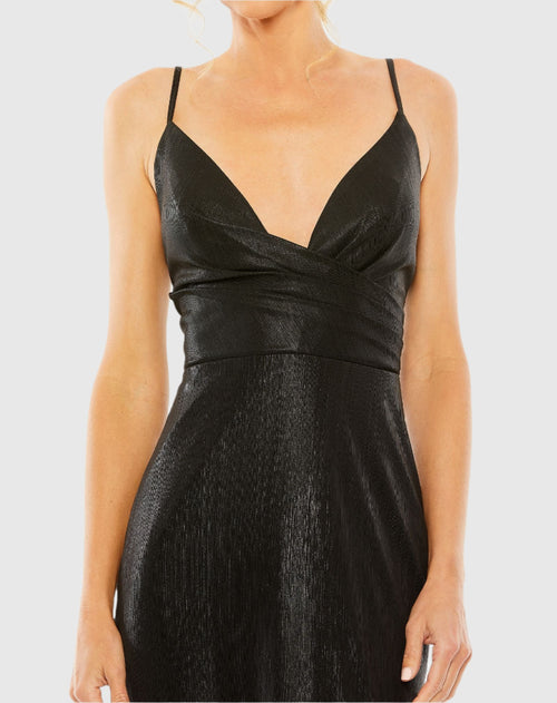 Black Metallic Faux Wrap Spaghetti Strap Gown