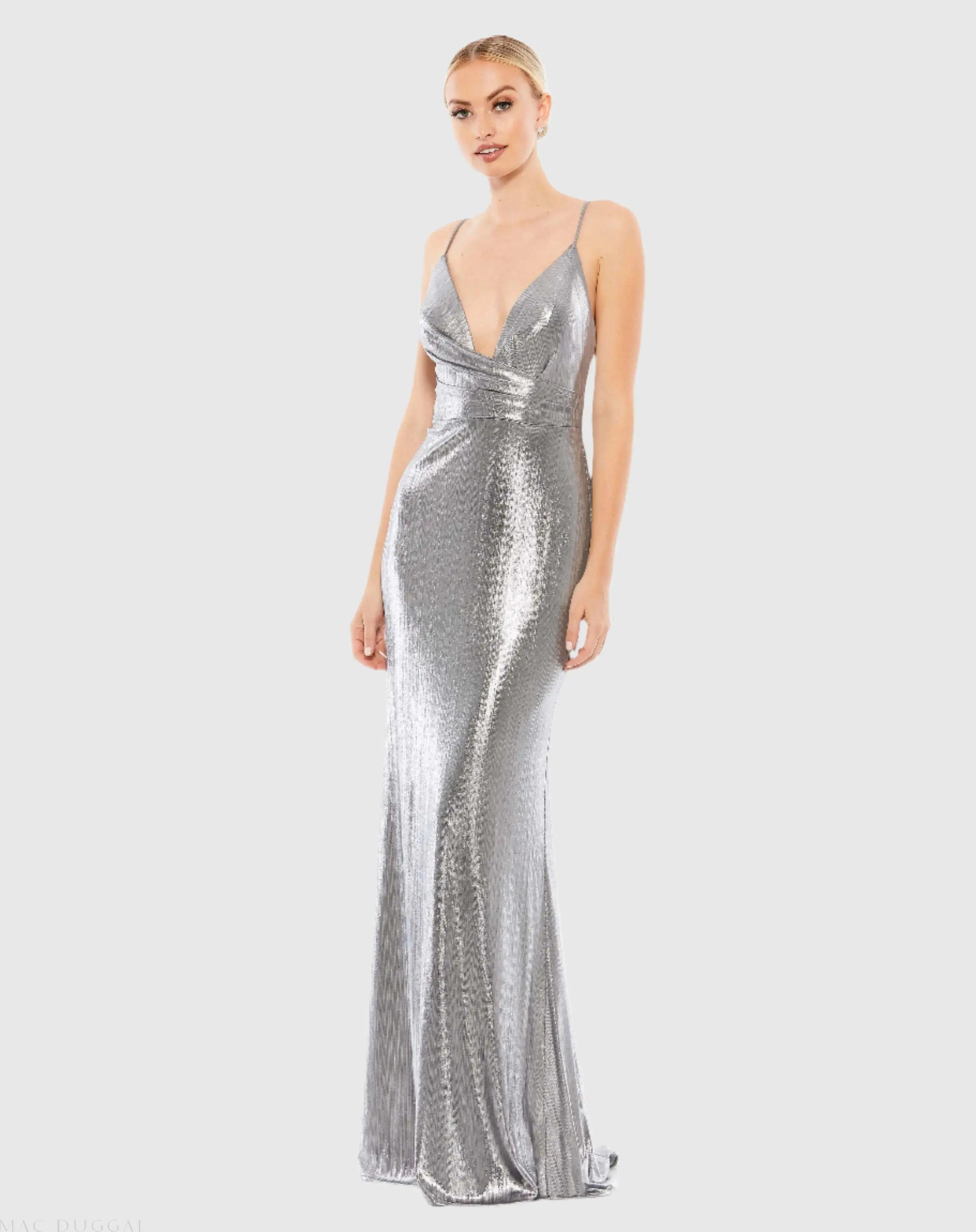 Silver Metallic Faux Wrap Spaghetti Strap Gown - Ieena for Mac Duggal