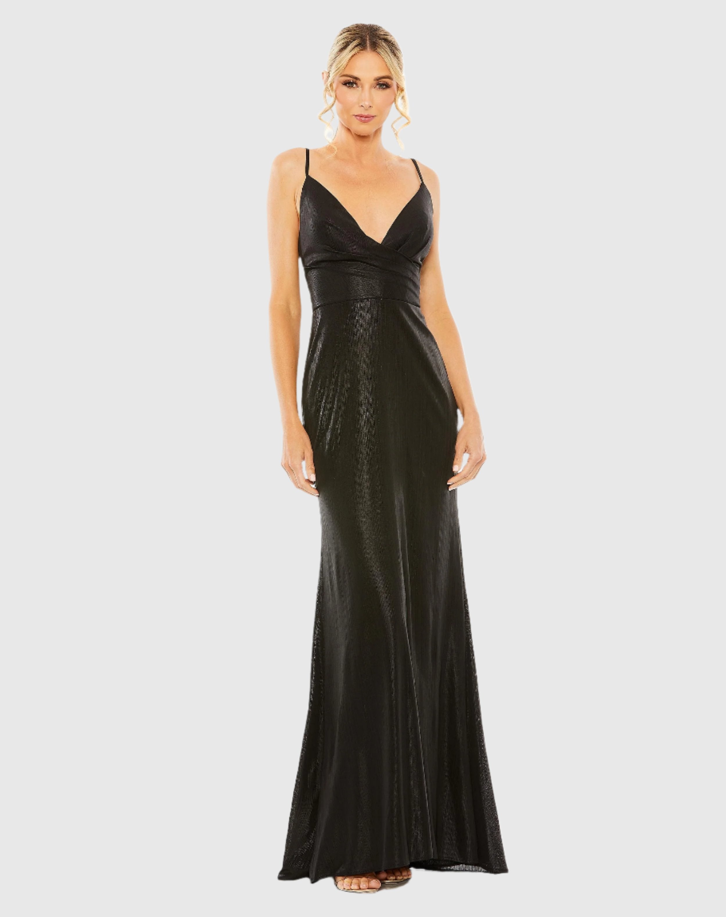 Metallic Faux Wrap Spaghetti Strap Gown – Mac Duggal