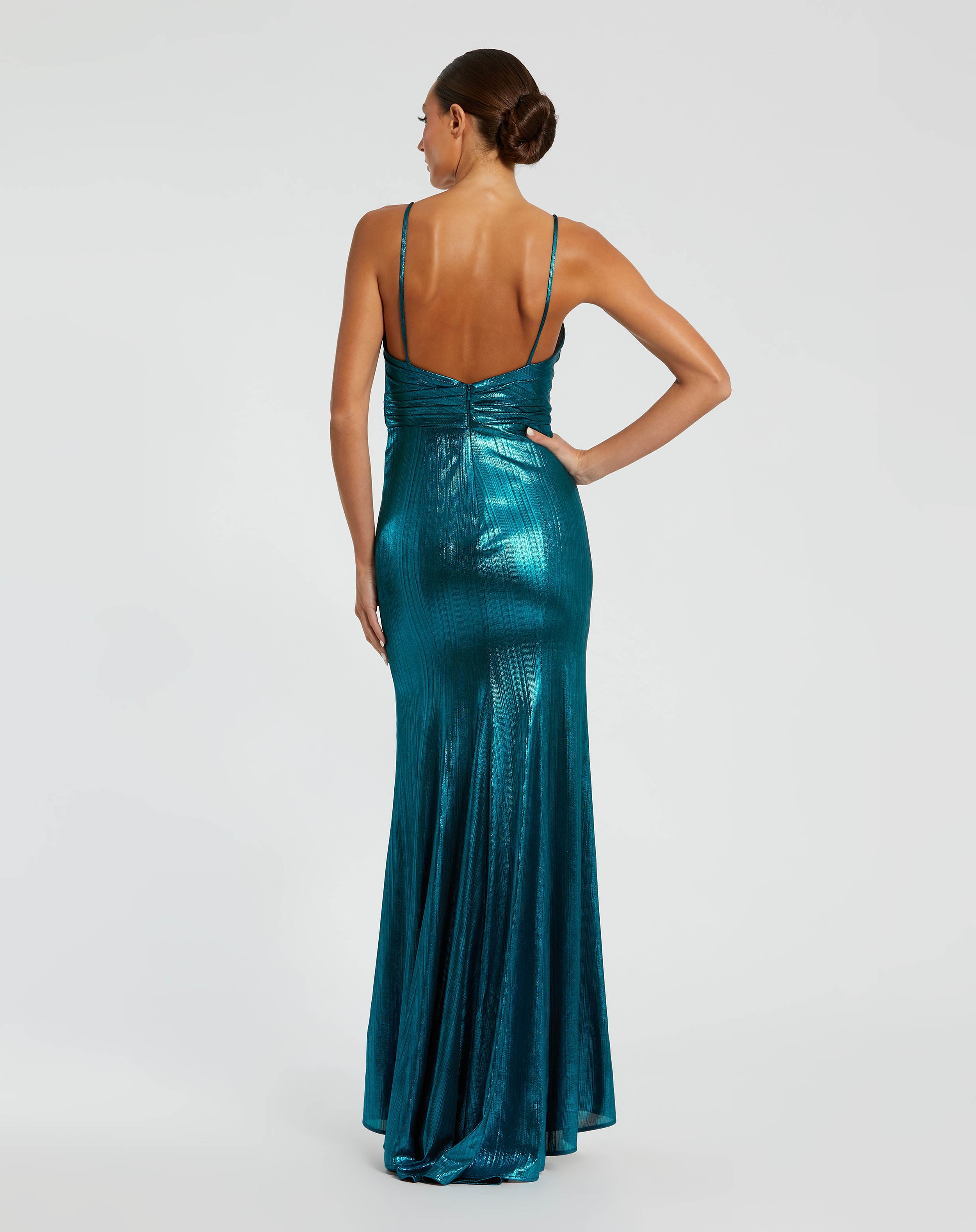 Metallic Faux Wrap Spaghetti Strap Gown