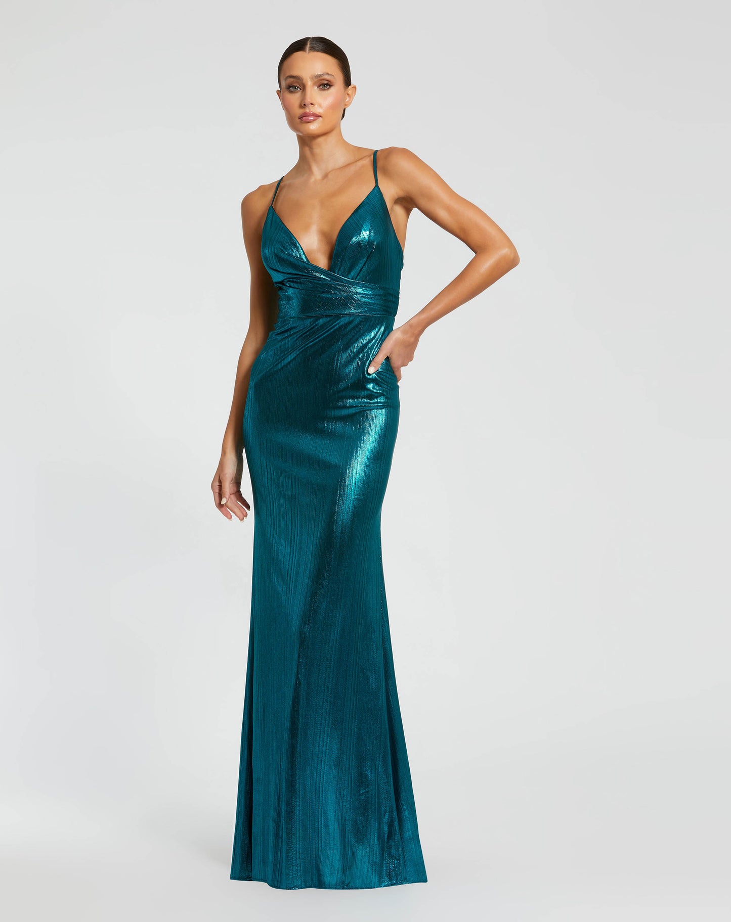 Metallic Faux Wrap Spaghetti Strap Gown