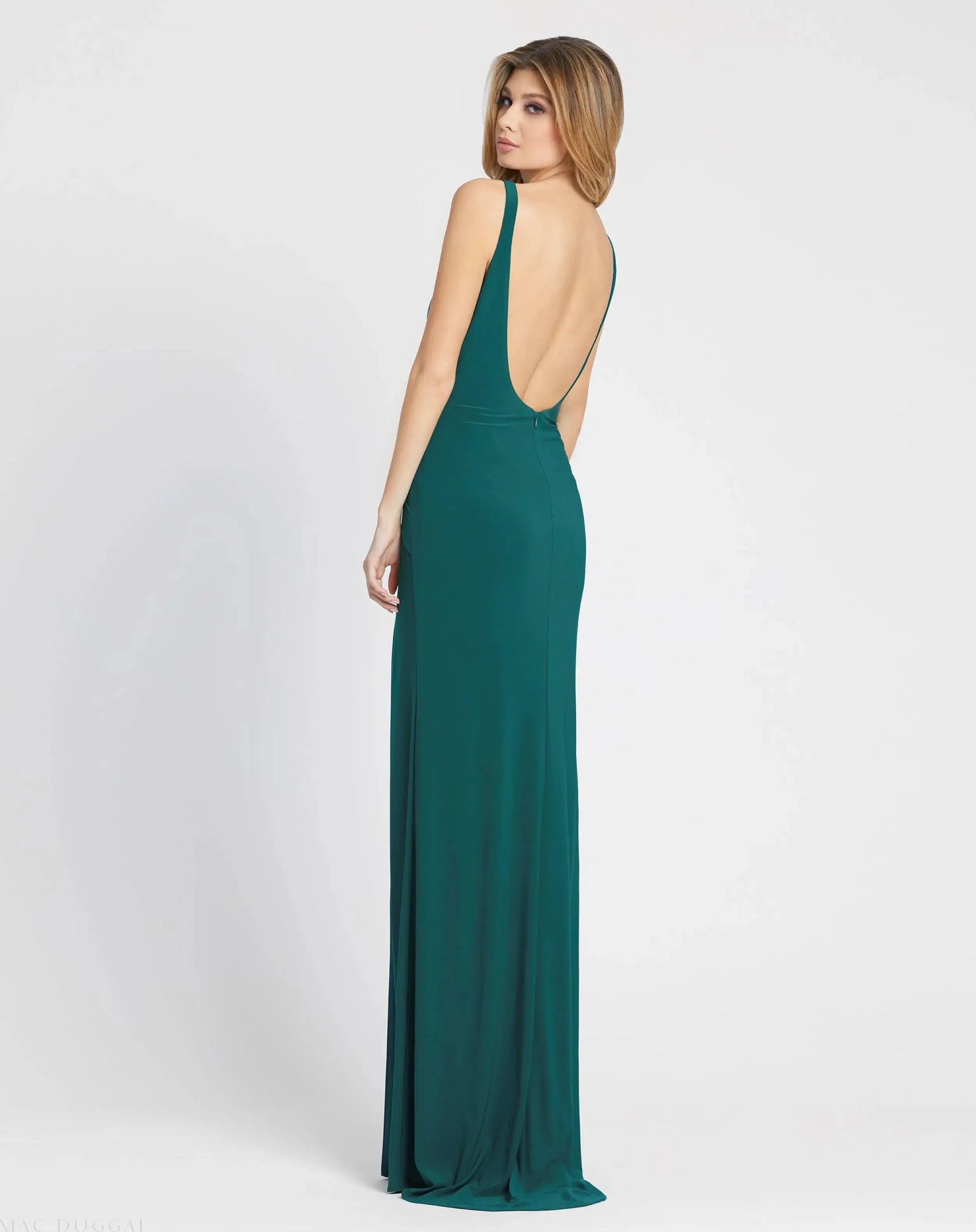 Green Sleeveless Ruched Side Knot Jersey Gown | Mac Duggal Green Sleeveless Ruched Side Knot Jersey Gown | Mac Duggal
