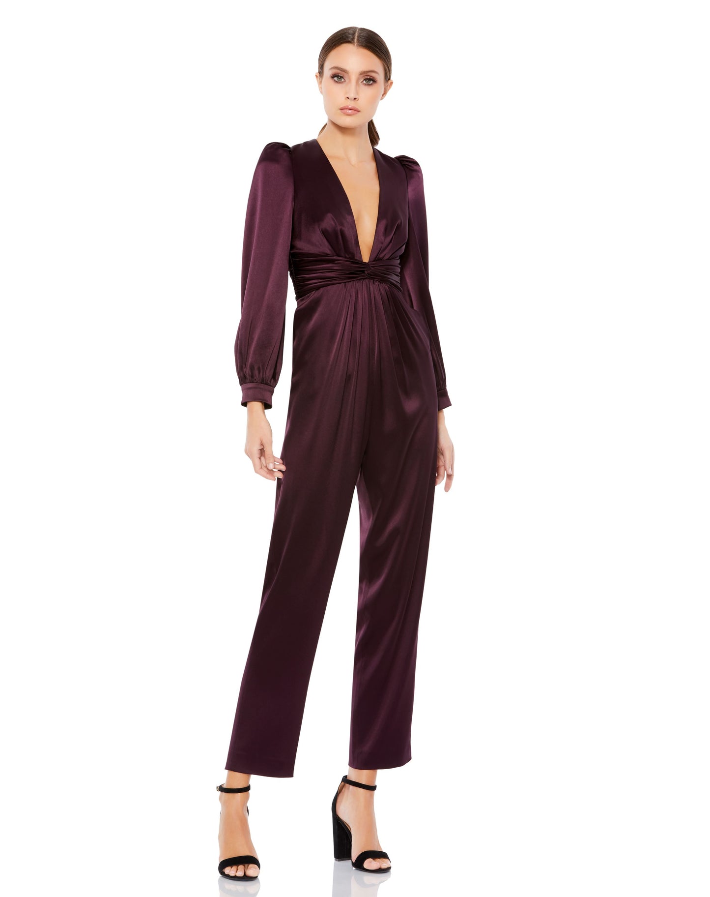 Front Twist Puff Sleeve Deep V Jumpsuit