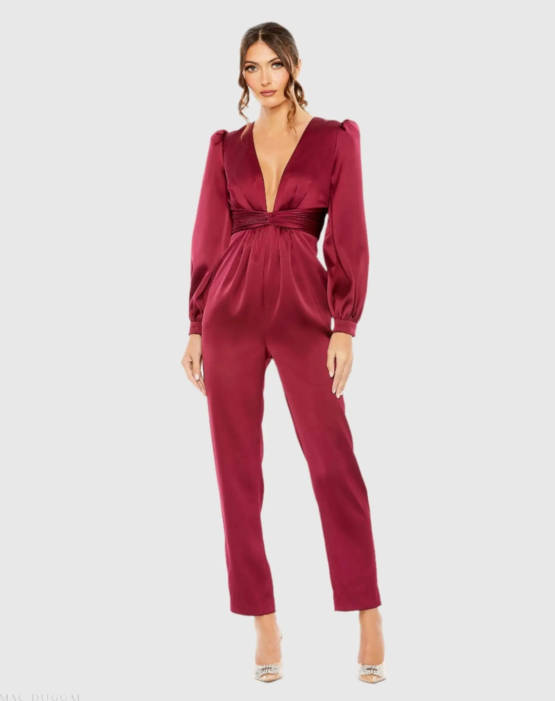 Red Front Twist Puff Sleeve Deep V Jumpsuit - Ieena for Mac Duggal