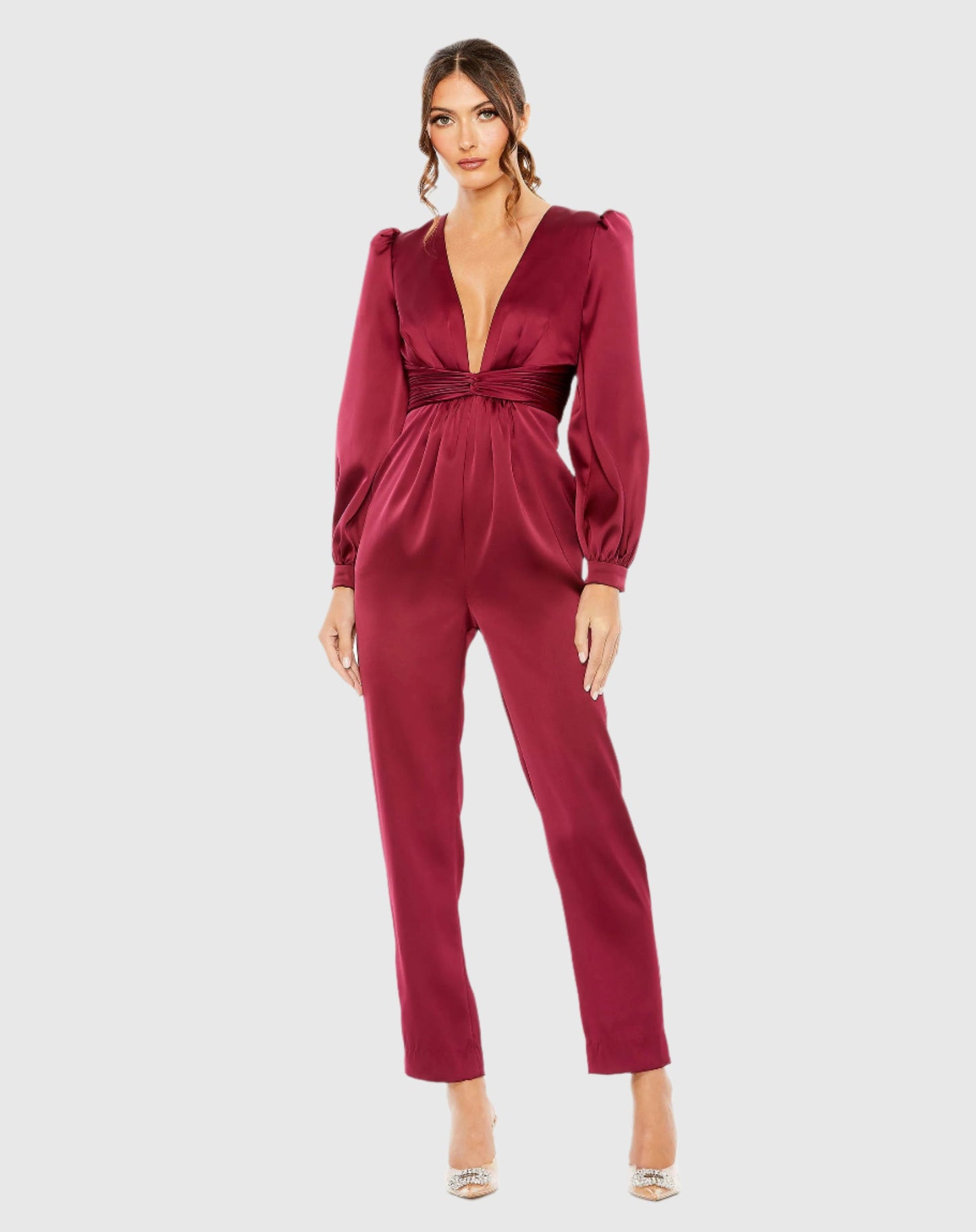 Front Twist Puff Sleeve Deep V Jumpsuit