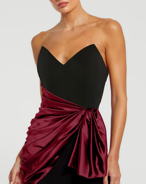 Two Tone Draped Strapless Trumpet Gown