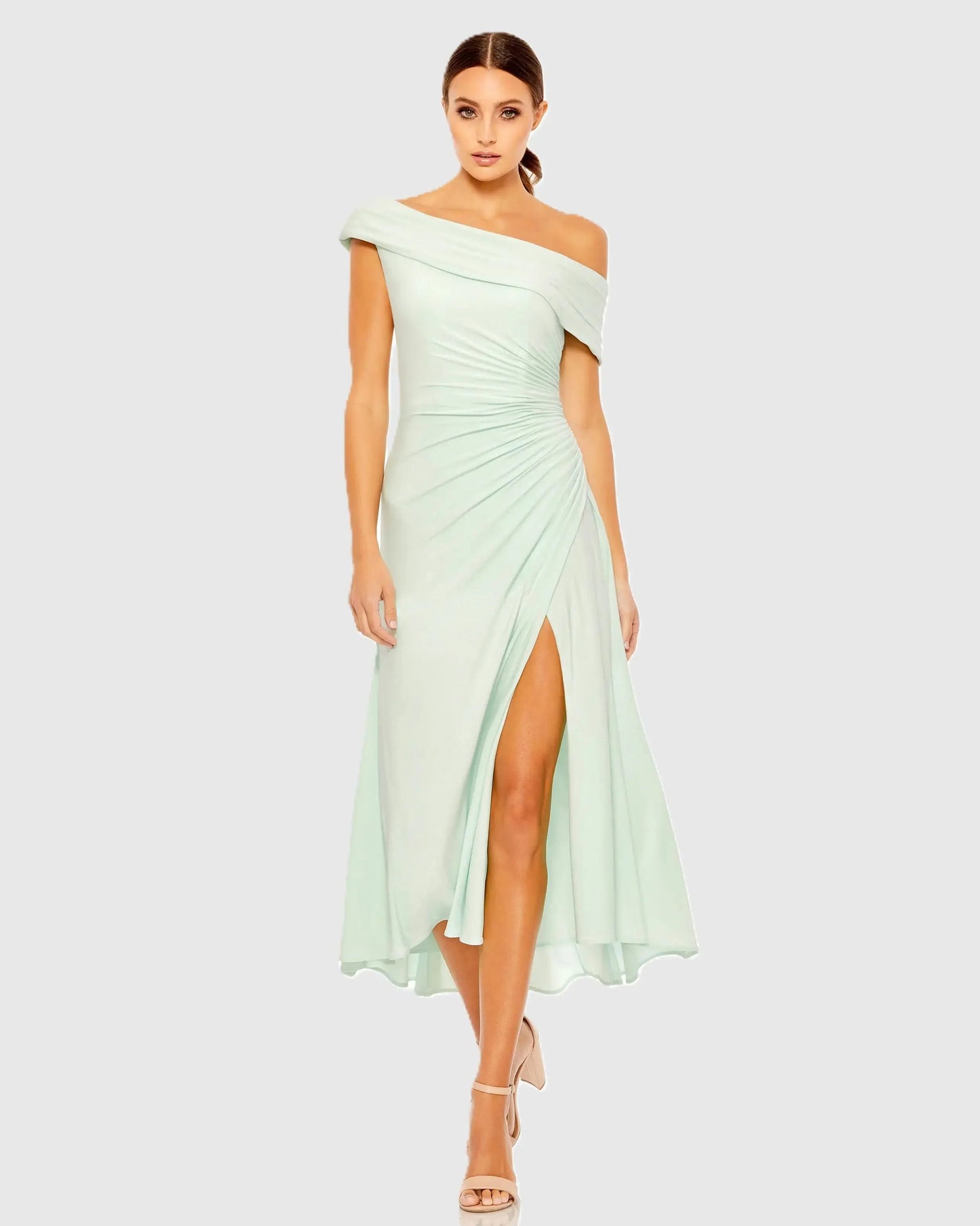 Green Ruched Off-The-Shoulder Midi Dress - Ieena for Mac Duggal