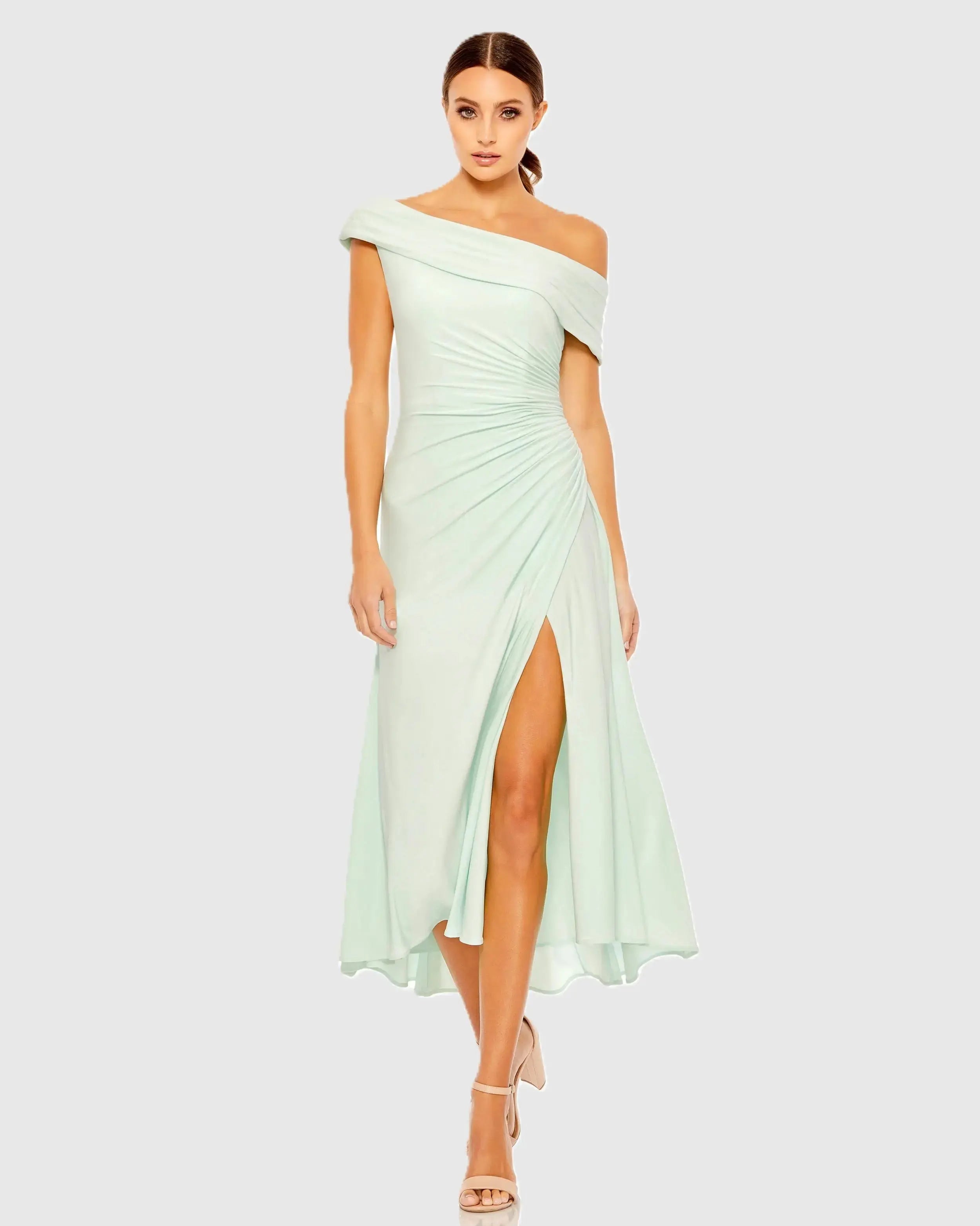Green Ruched Off-The-Shoulder Midi Dress - Ieena for Mac Duggal