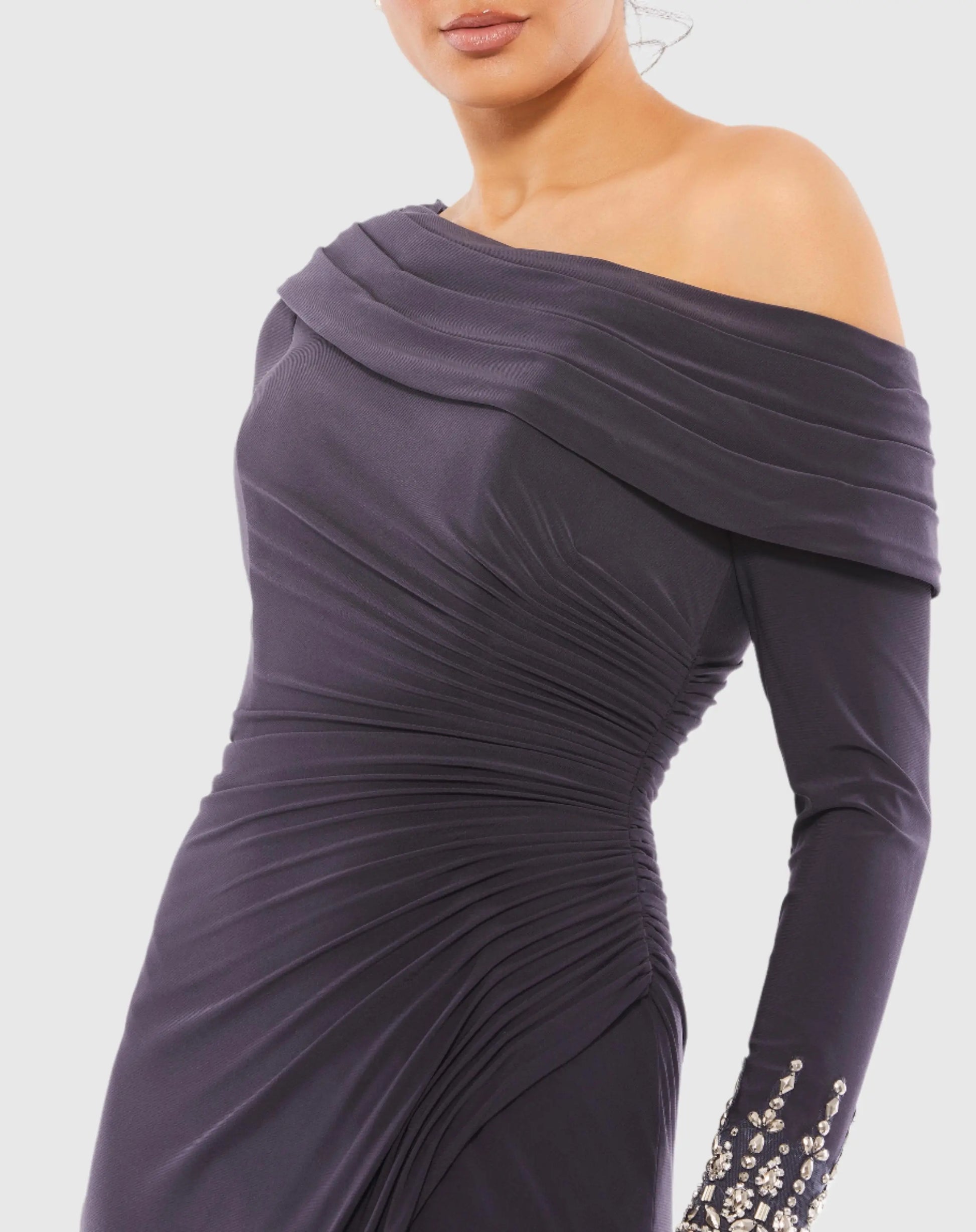 Purple Foldover Long Sleeve Jeweled Midi Dress - Ieena for Mac Duggal