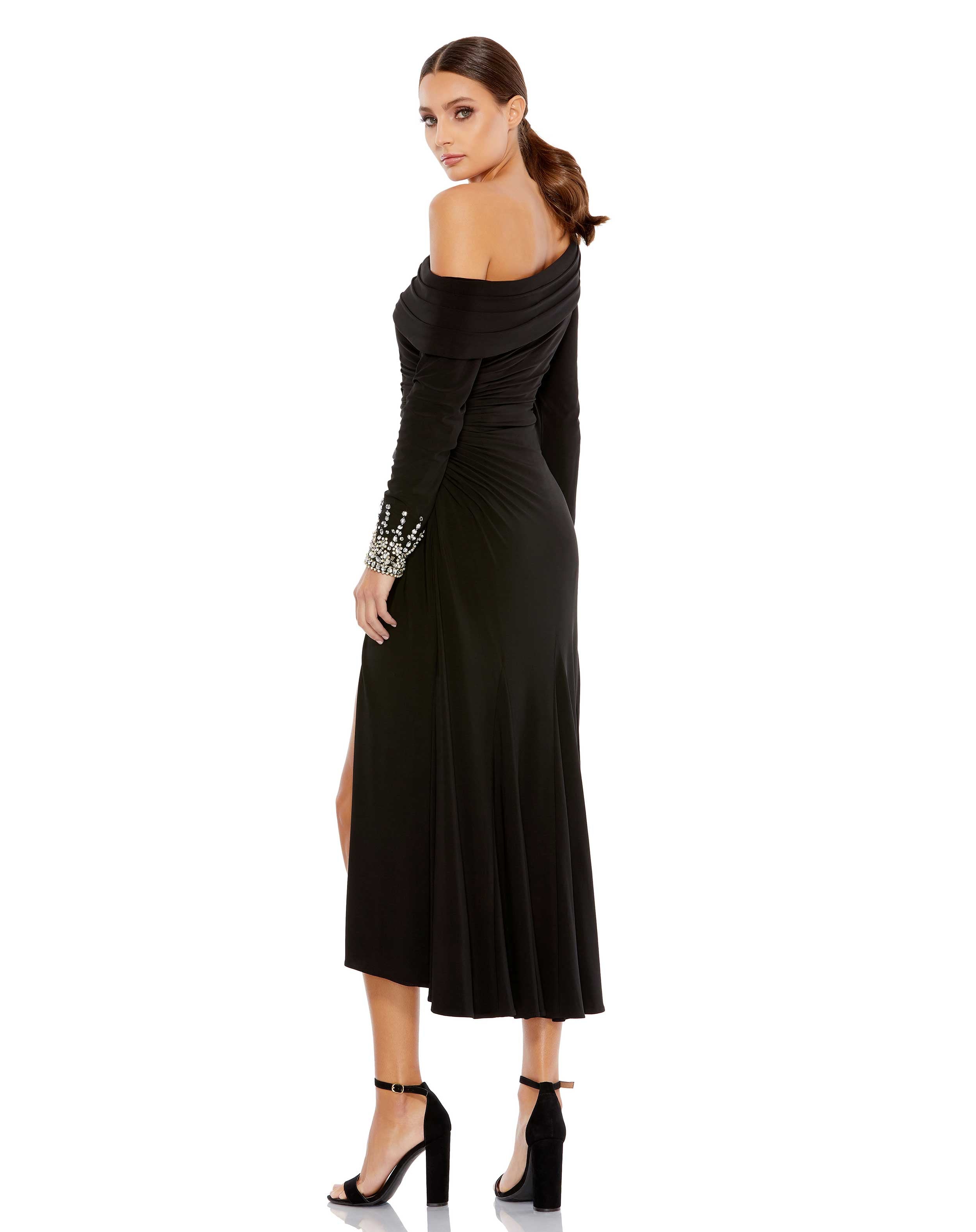 Foldover Long Sleeve Jeweled Midi Dress