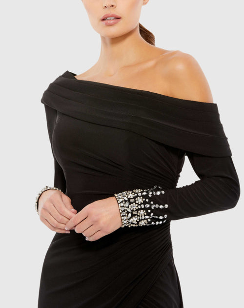 Black Foldover Long Sleeve Jeweled Midi Dress