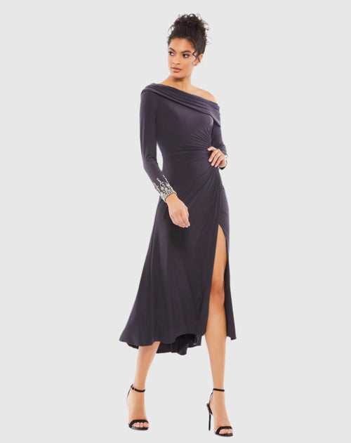 Foldover Long Sleeve Jeweled Midi Dress