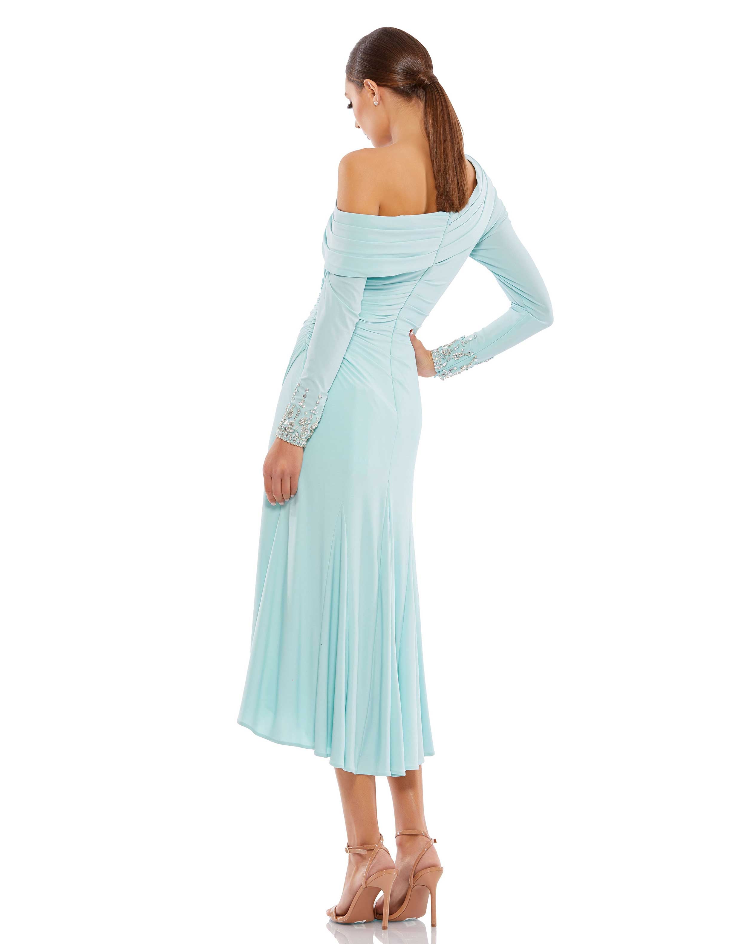 Foldover Long Sleeve Jeweled Midi Dress
