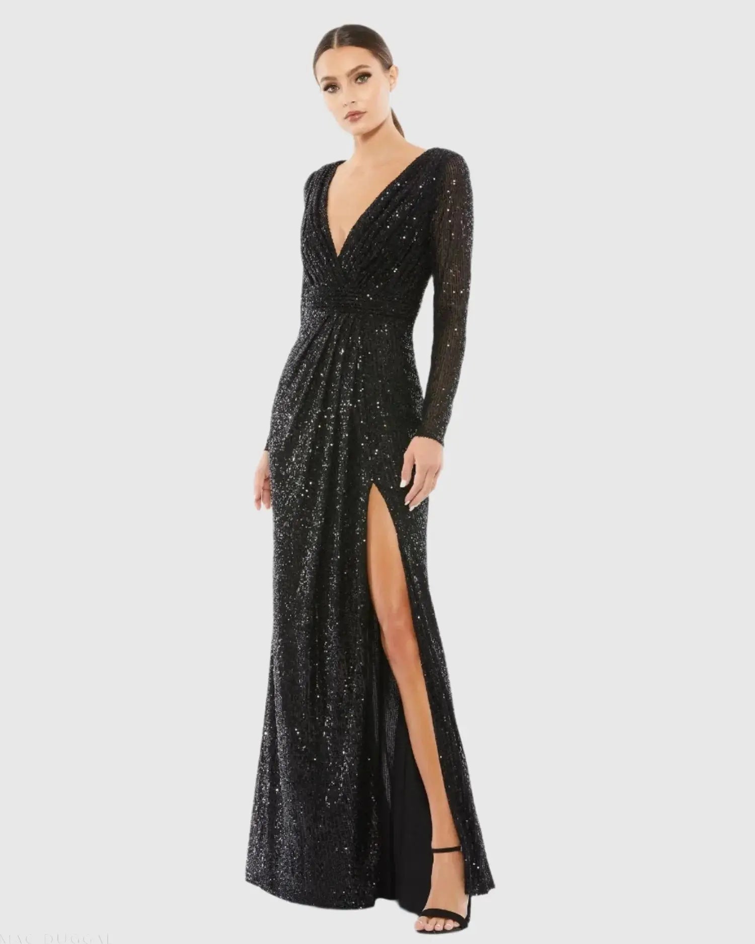 Black Sequined Long Sleeve Gown - Ieena for Mac Duggal