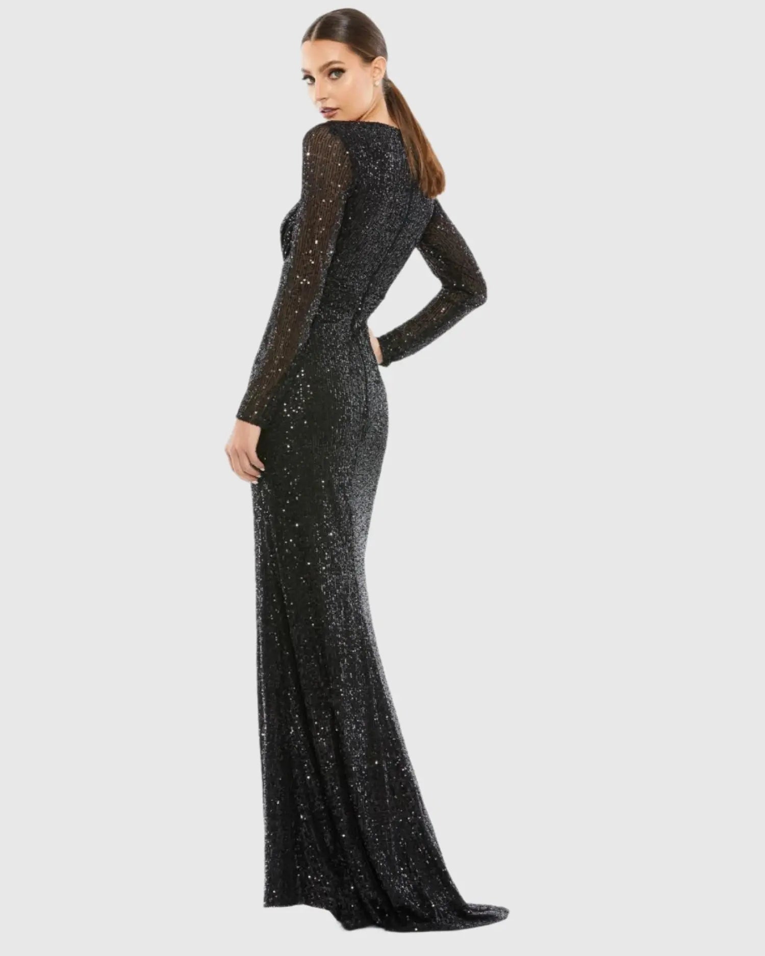 Black Sequined Long Sleeve Gown - Ieena for Mac Duggal