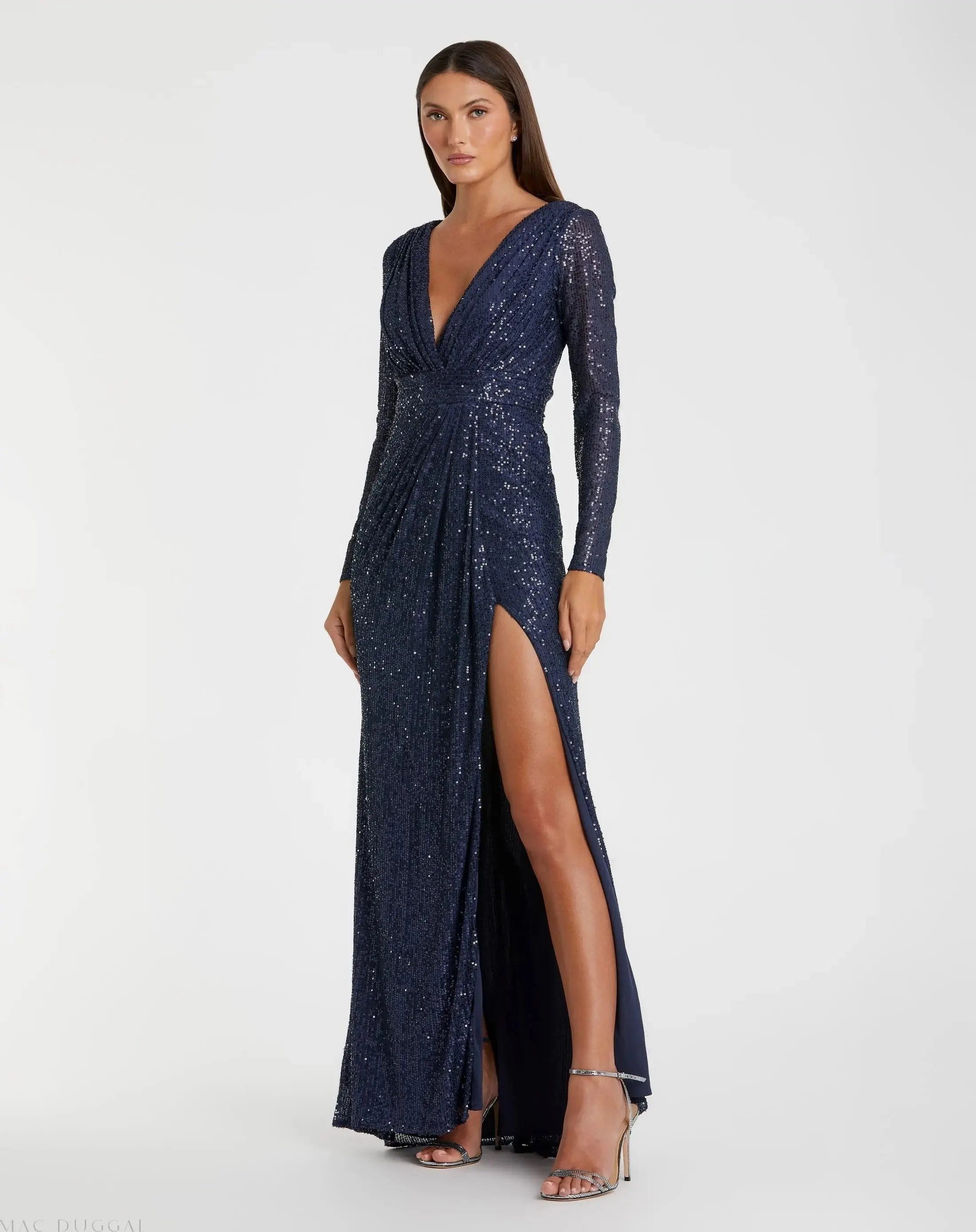 Navy Sequined Evening Gown With Embellished Shoulders | Mac Duggal Navy Sequined Evening Gown With Embellished Shoulders | Mac Duggal