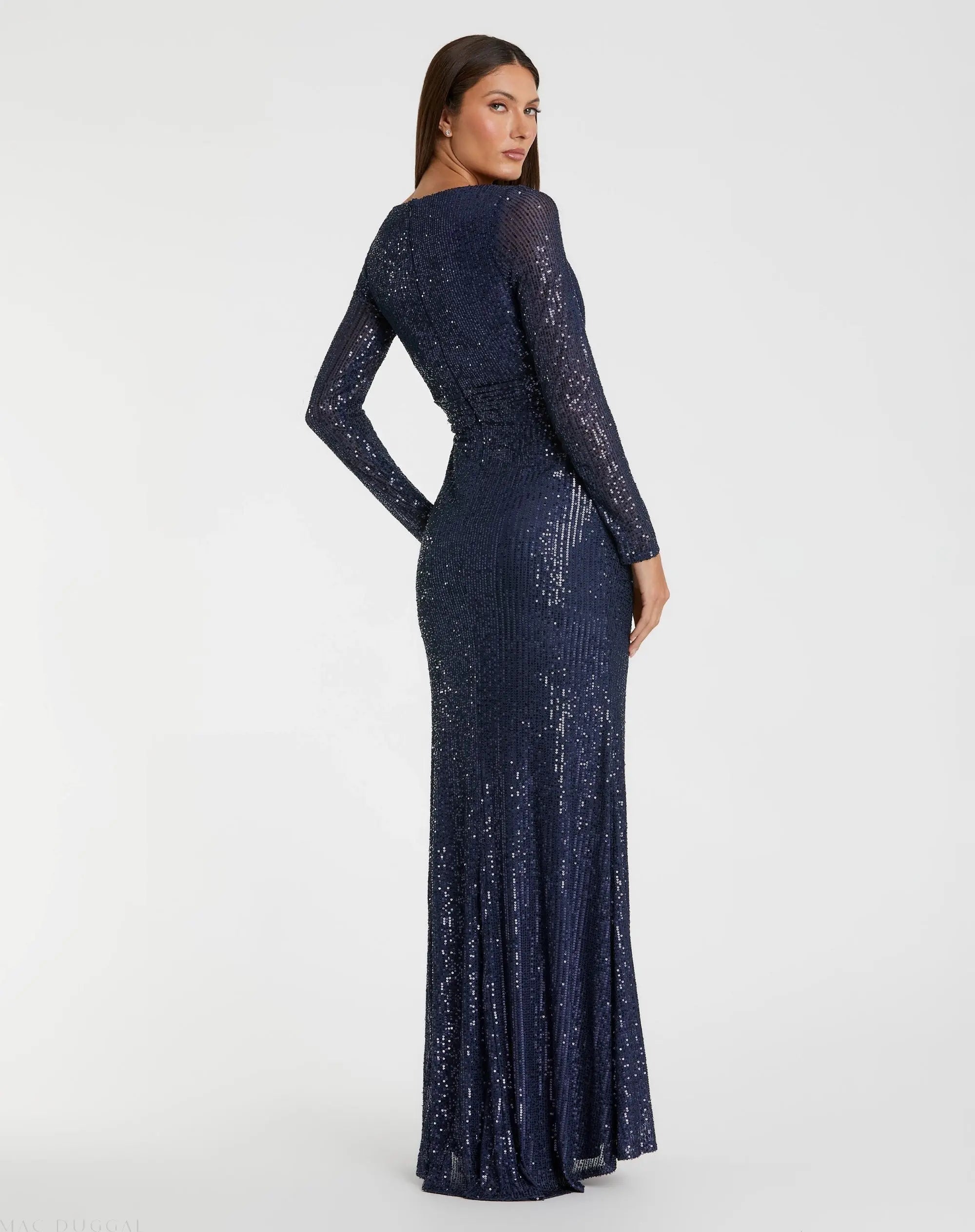 Navy Sequined Long Sleeve Gown - Ieena for Mac Duggal