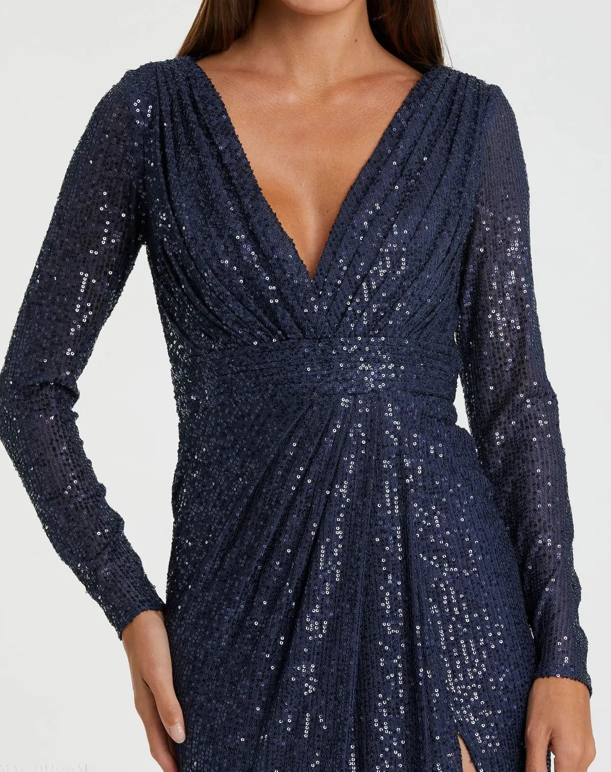 Ieena for Mac Duggal - Navy Sequined Long Sleeve Gown - US 12 Ieena for Mac Duggal - Navy Sequined Long Sleeve Gown - US 12