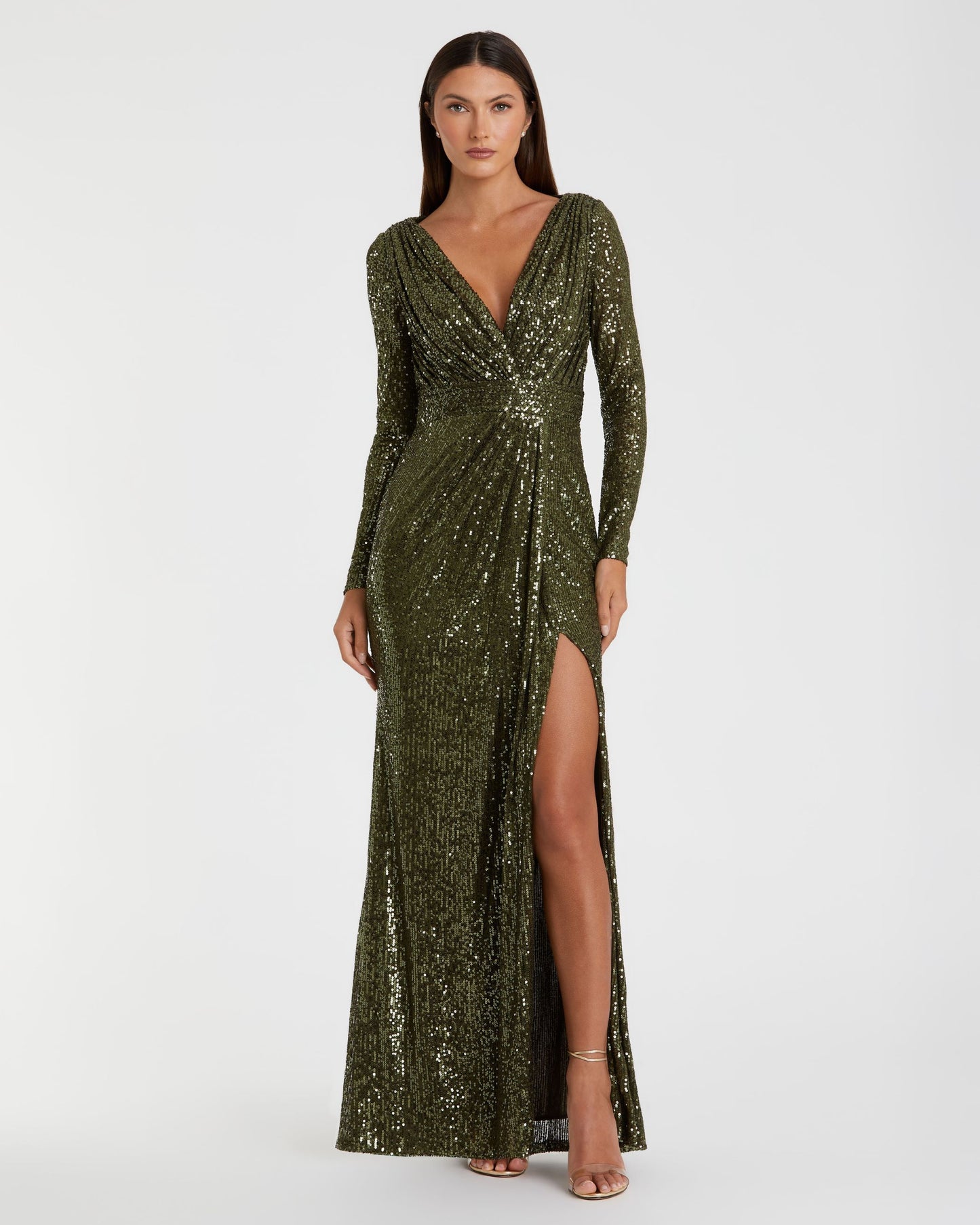 Green Sequined Long Sleeve Gown