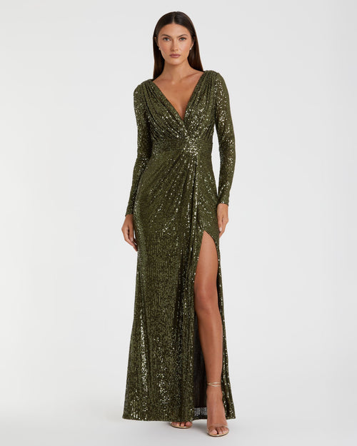 Green Sequined Long Sleeve Gown - Mac Duggal