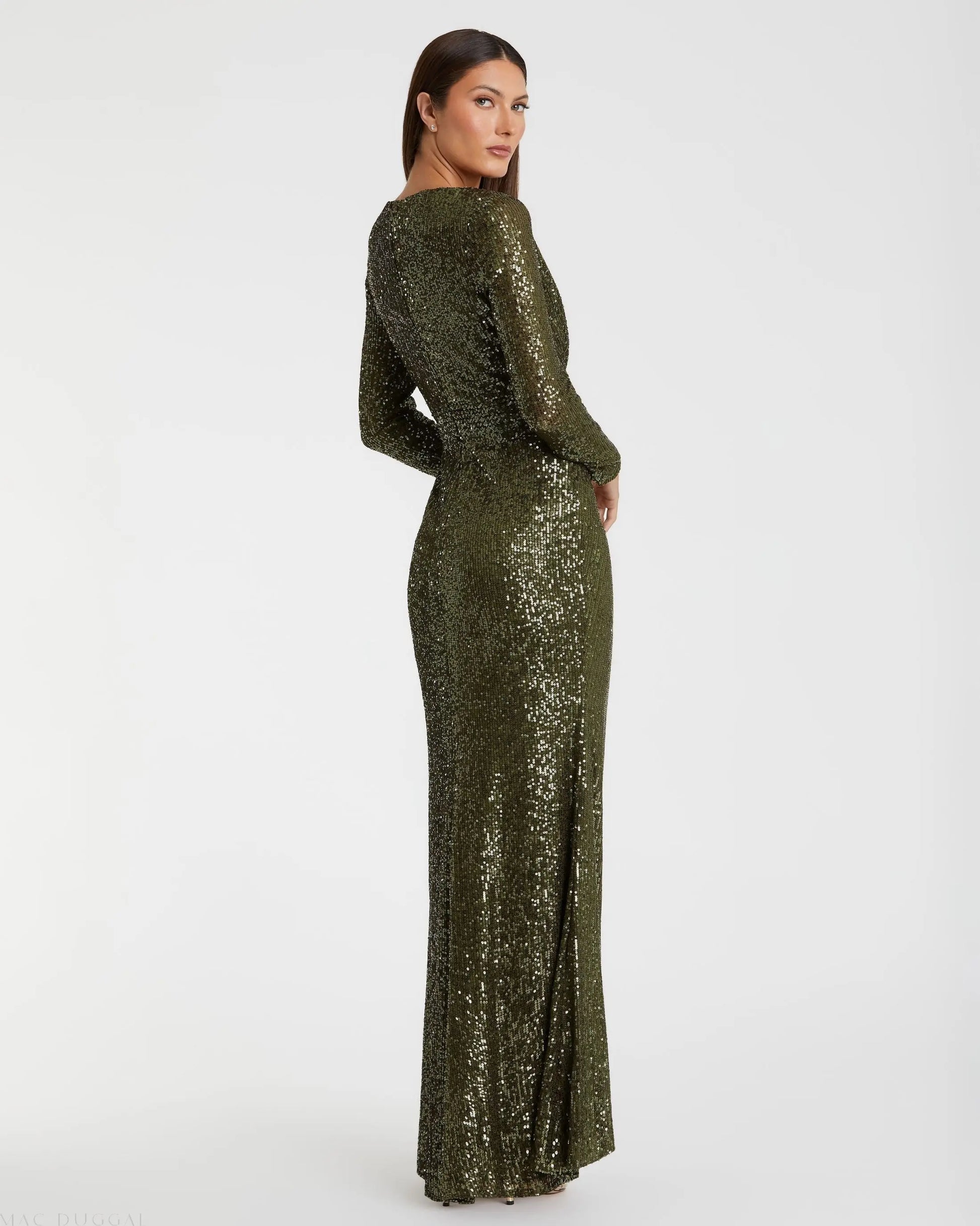 Green Sequined Long Sleeve Gown - Mac Duggal Green Sequined Long Sleeve Gown - Mac Duggal