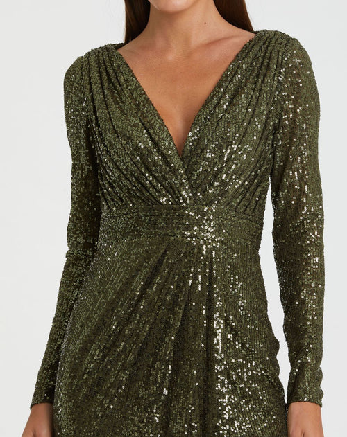 Green Sequined Long Sleeve Gown - Mac Duggal