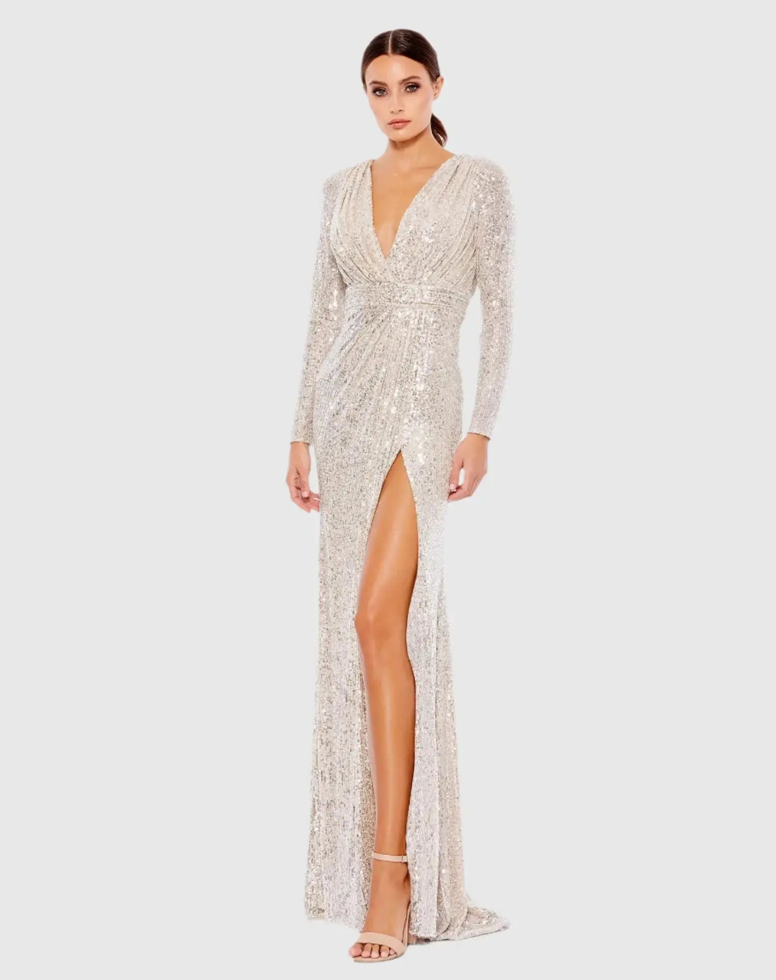 Silver Sequined Long Sleeve Gown - Ieena for Mac Duggal