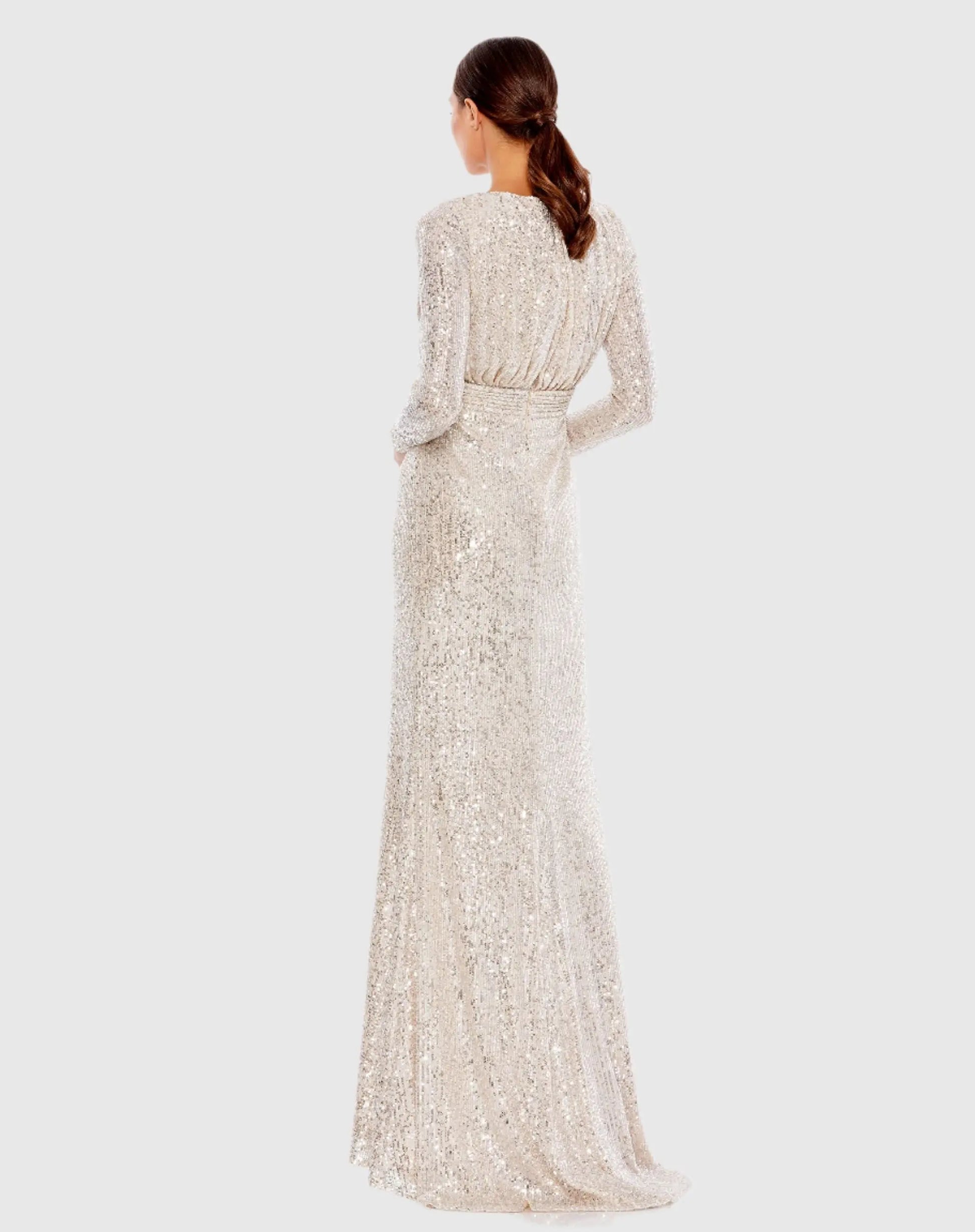 Silver Sequined Long Sleeve Gown - Ieena for Mac Duggal