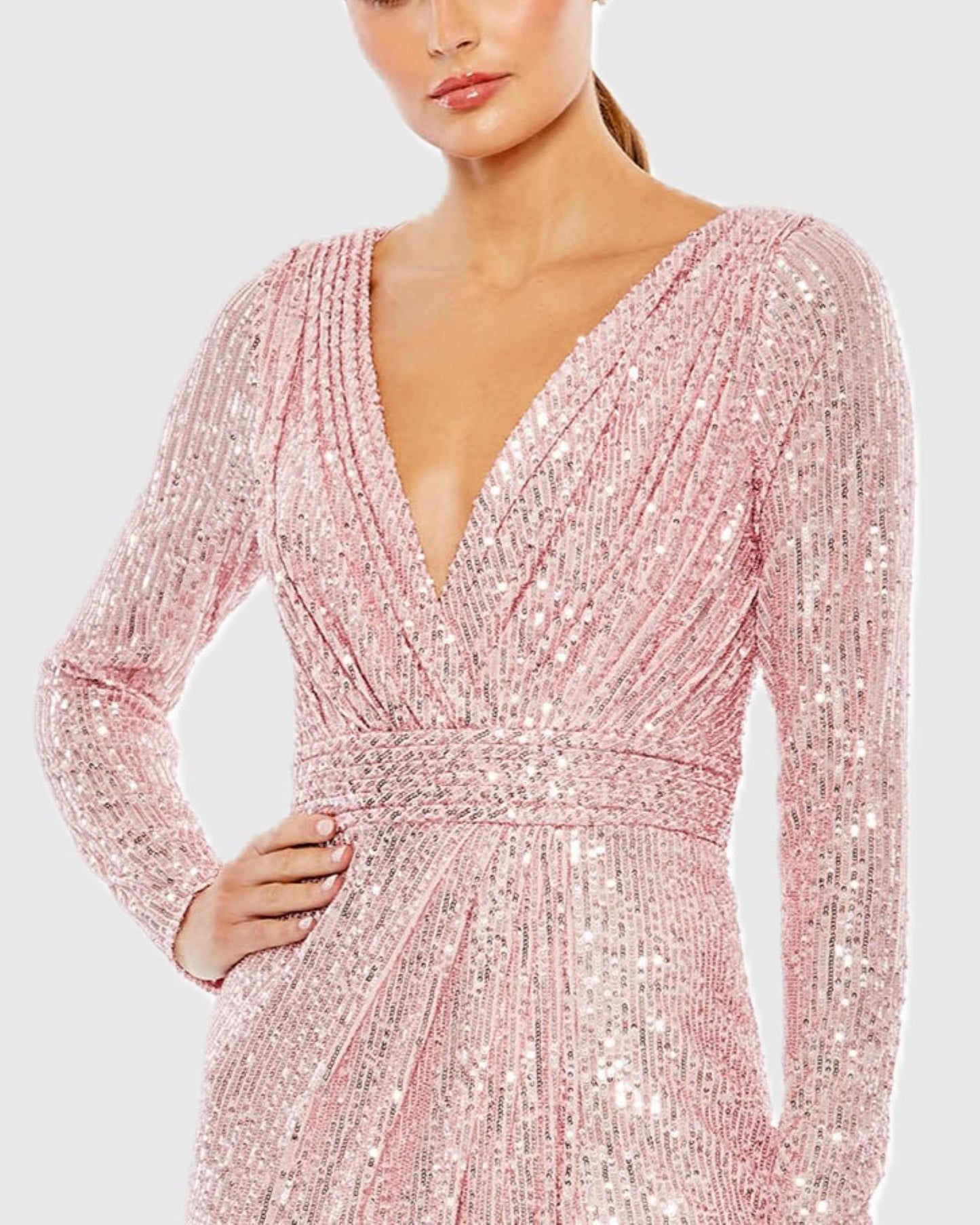 Pink Sequined Long Sleeve Gown