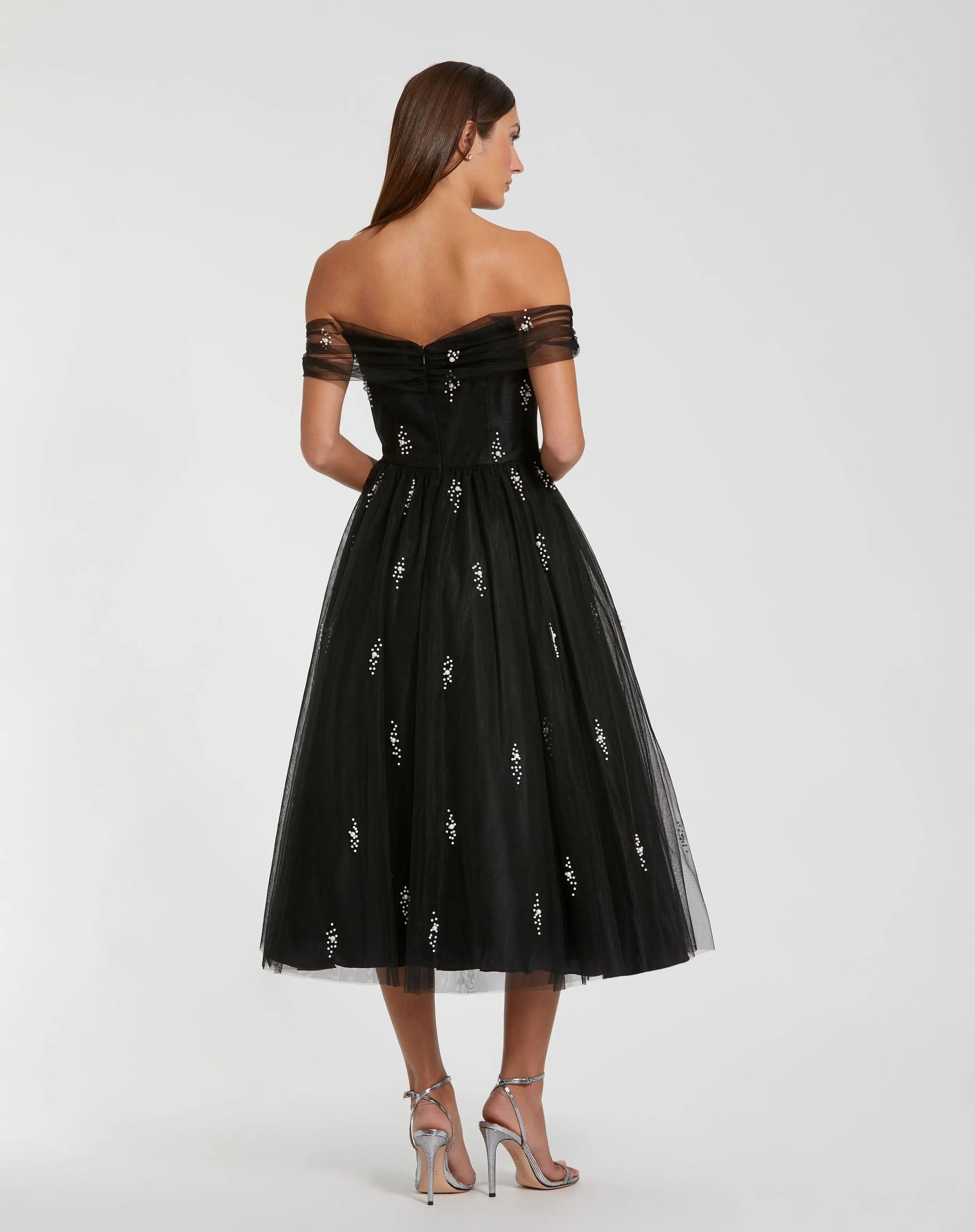 Black Tulle Off The Shoulder Pearl Embellished Cocktail Dress | Mac Duggal Black Tulle Off The Shoulder Pearl Embellished Cocktail Dress | Mac Duggal