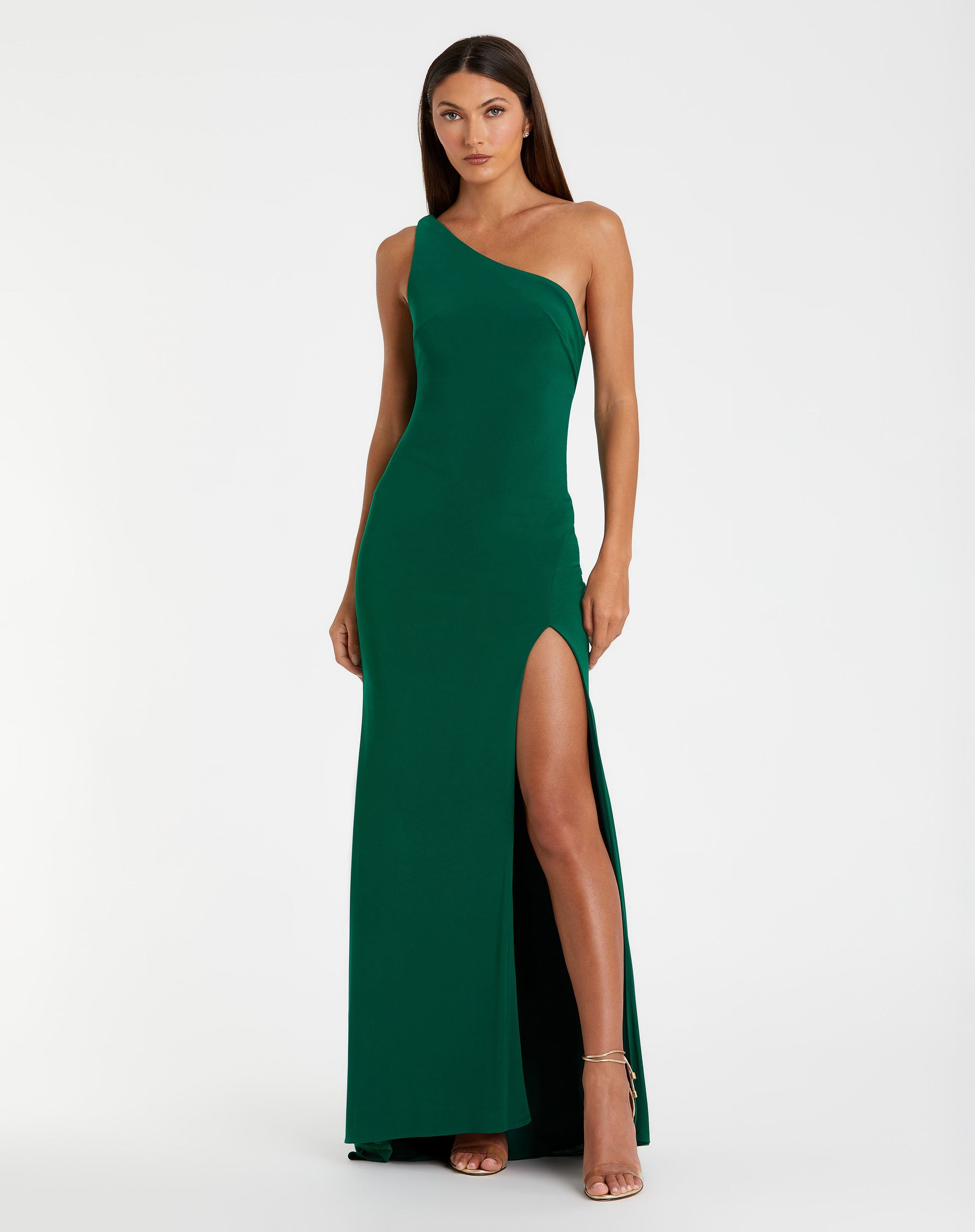 Green Jersey One Shoulder Draped Back Gown | Mac Duggal Green Jersey One Shoulder Draped Back Gown | Mac Duggal