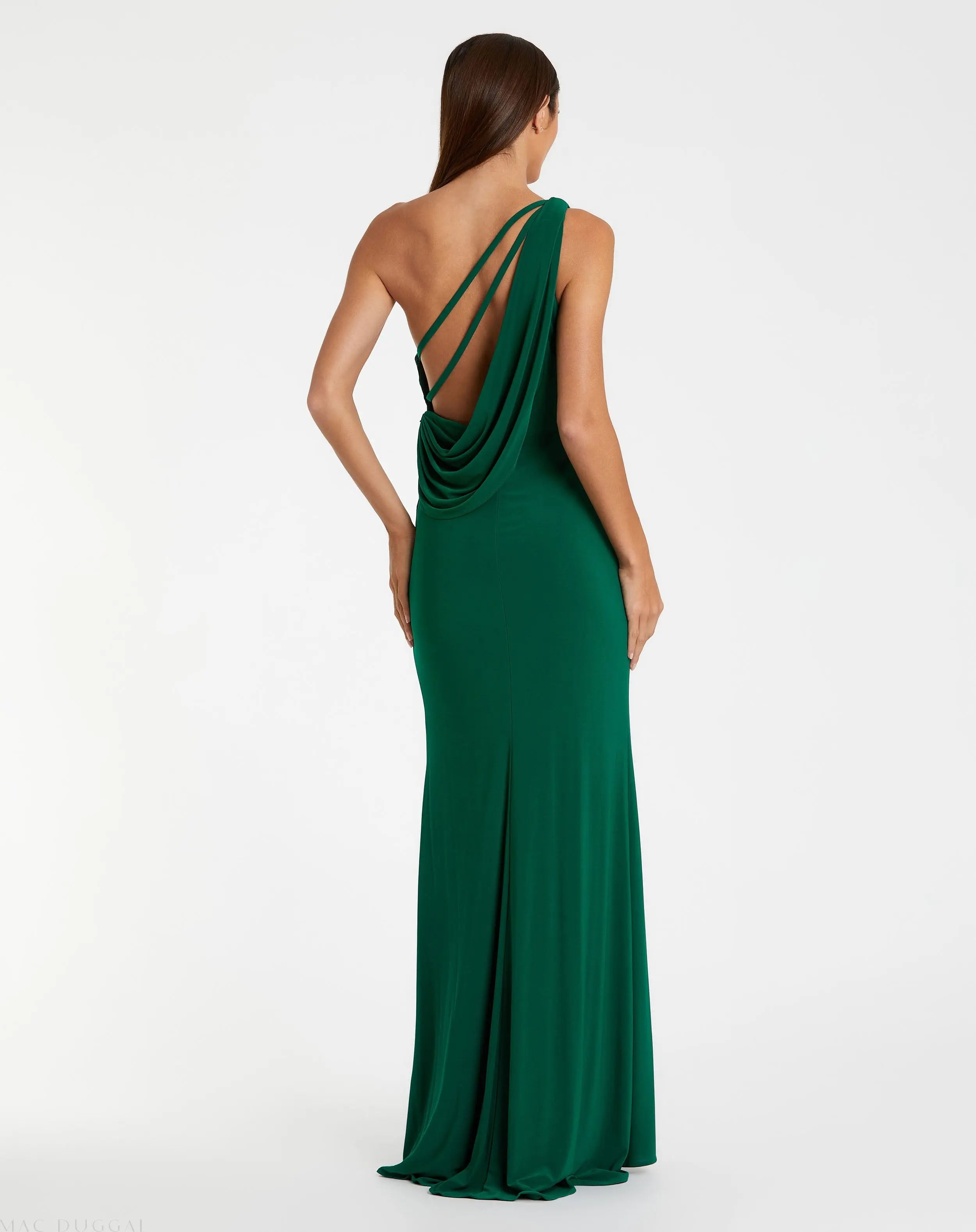 Green Jersey One Shoulder Draped Back Gown - Ieena for Mac Duggal