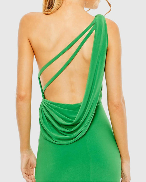 Green Jersey One Shoulder Draped Back Gown