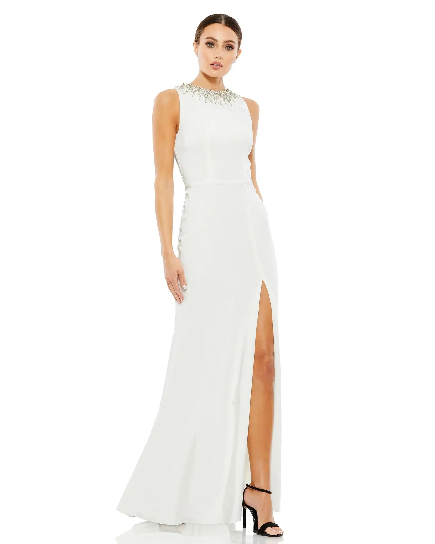 White Sleeveless Rhinestone Collar Column Gown - Ieena for Mac Duggal