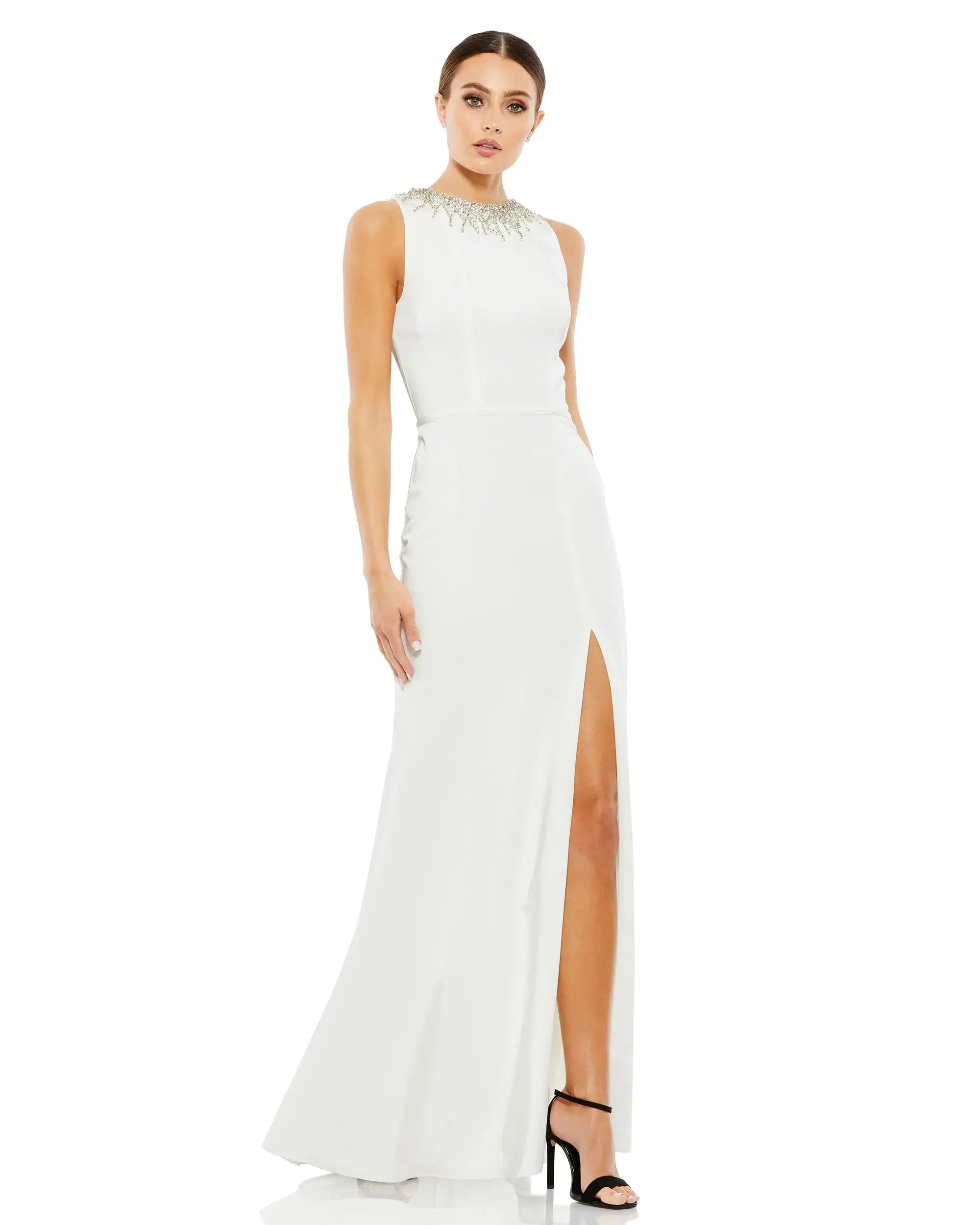 White Sleeveless Rhinestone Collar Column Gown - Ieena for Mac Duggal