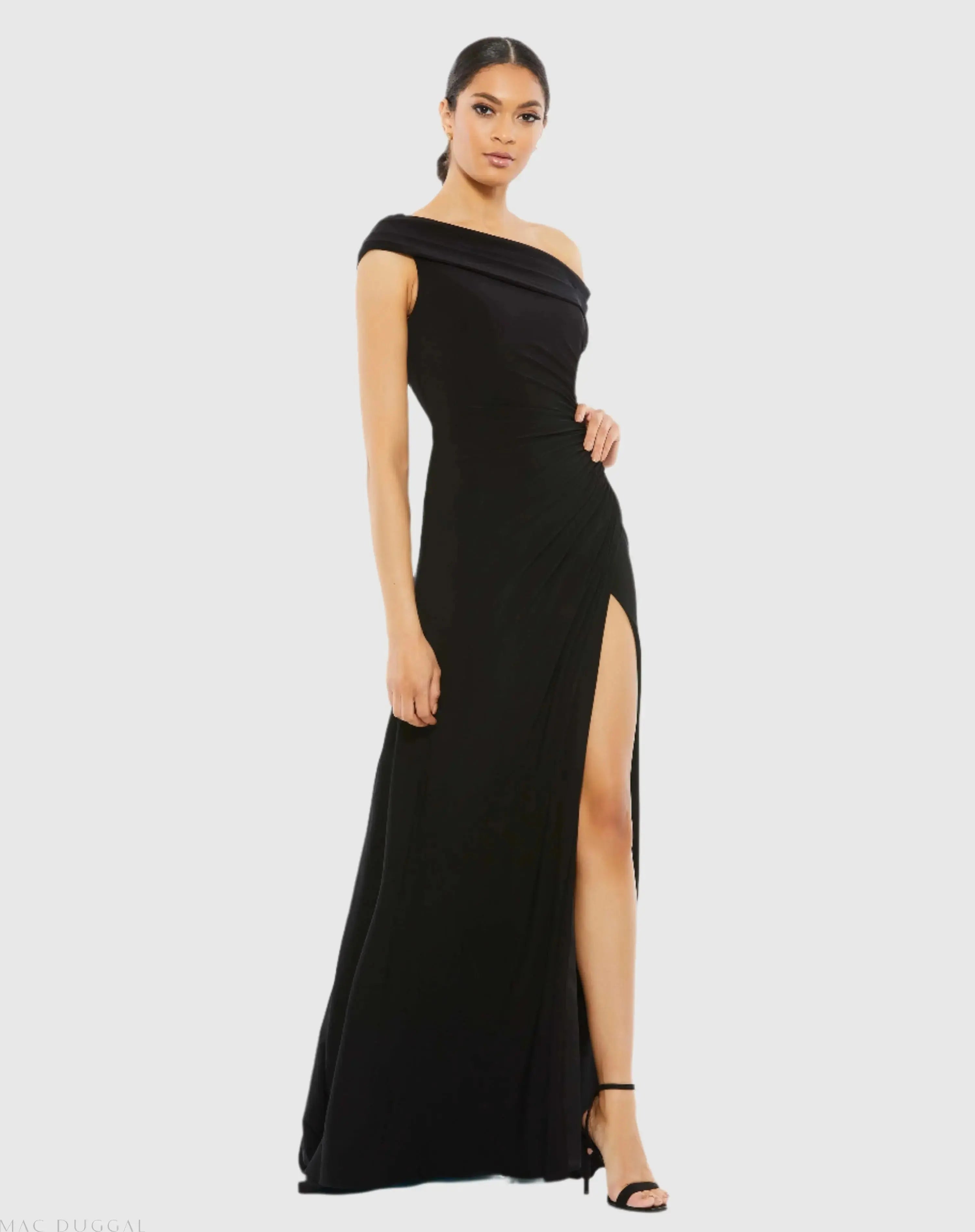 Black Foldover Off-the-Shoulder Slit Gown - Ieena for Mac Duggal