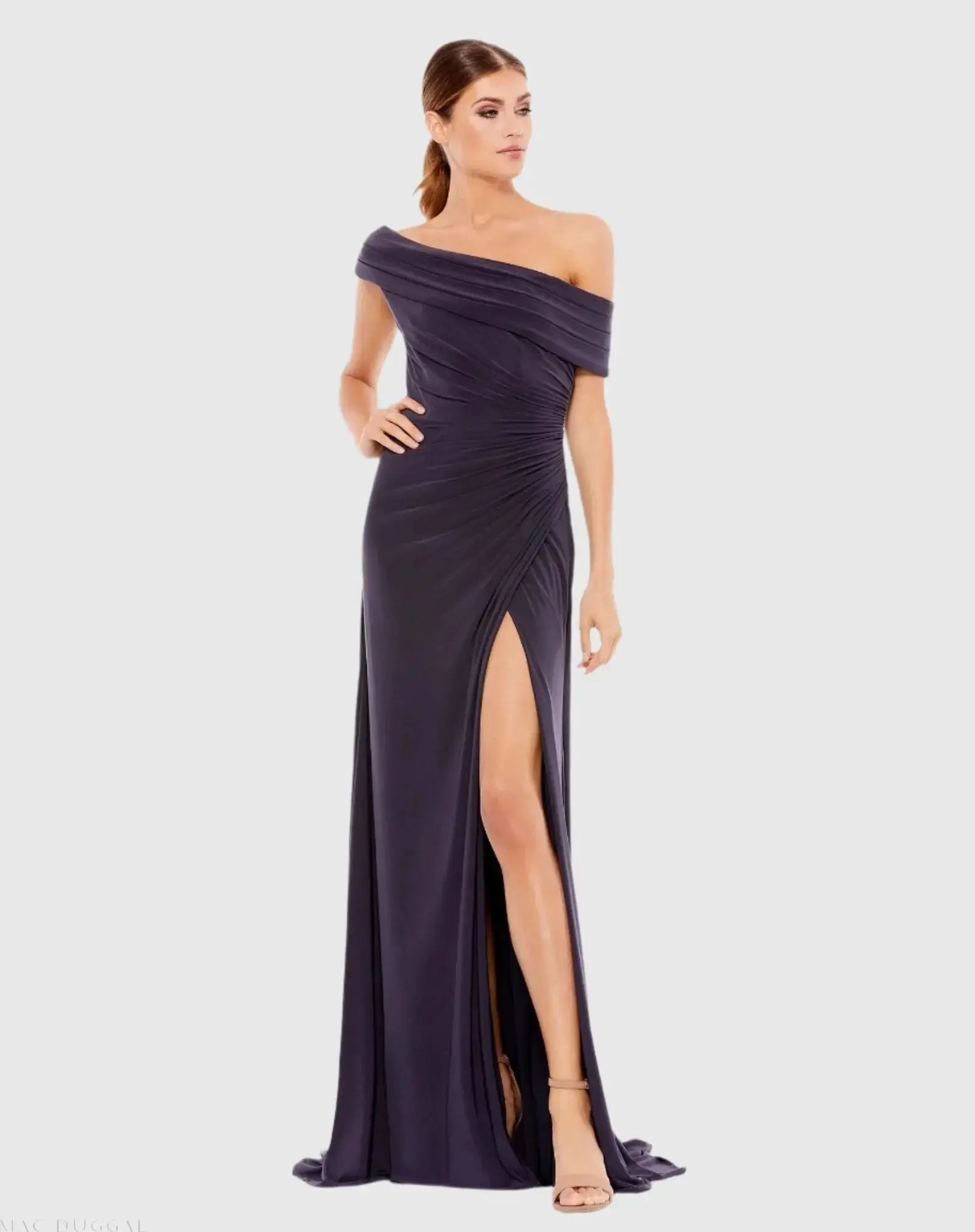 Purple Foldover Off-the-Shoulder Slit Gown - Ieena for Mac Duggal