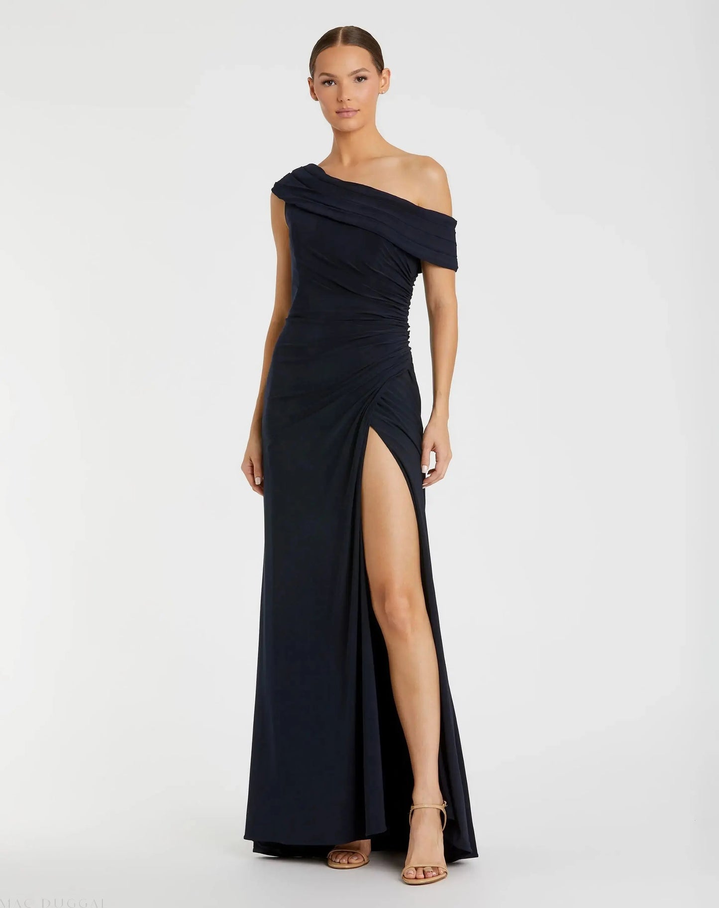Navy Foldover Off-the-Shoulder Slit Gown Ieena for Mac Duggal