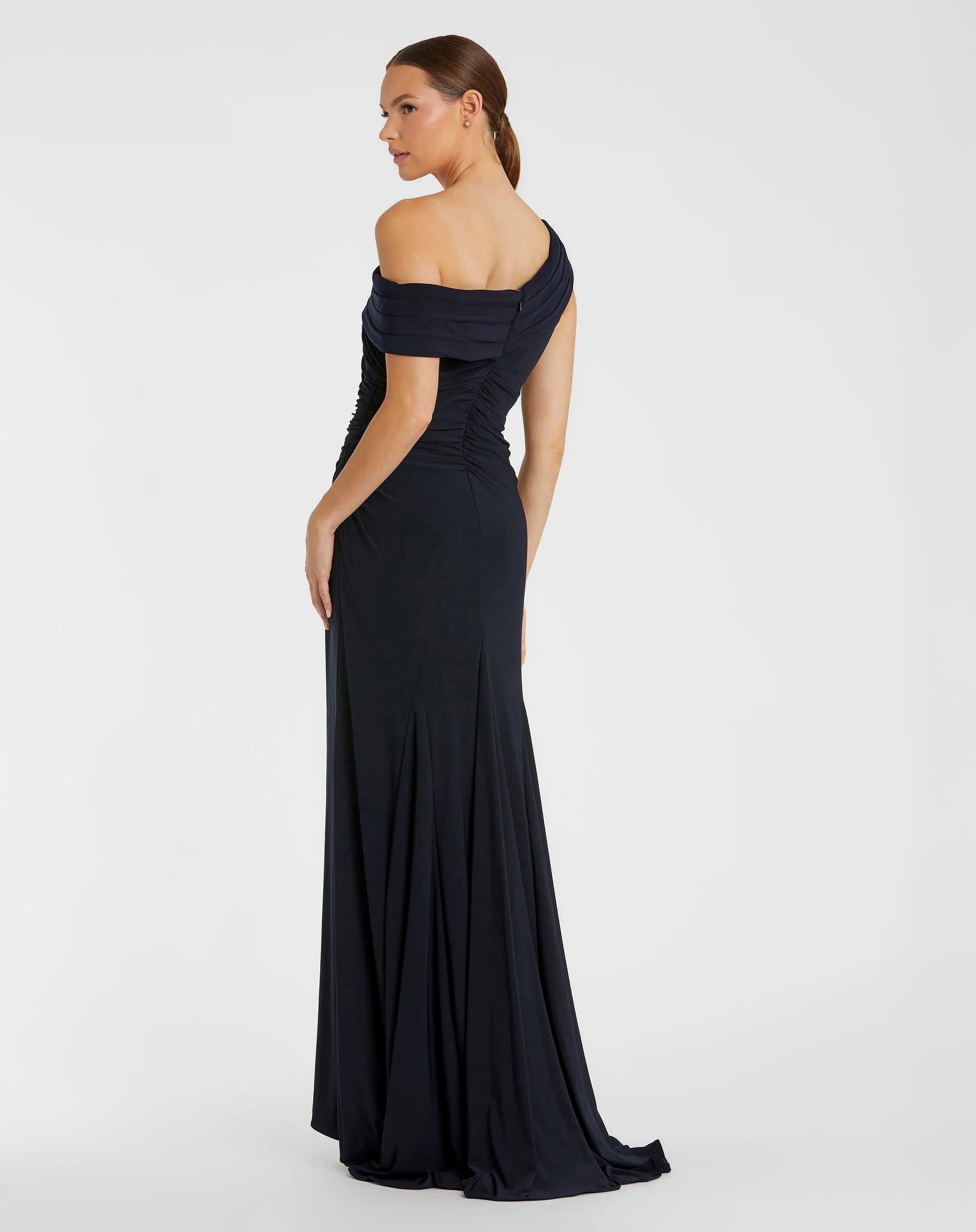 Navy Foldover Off-the-Shoulder Slit Gown Ieena for Mac Duggal