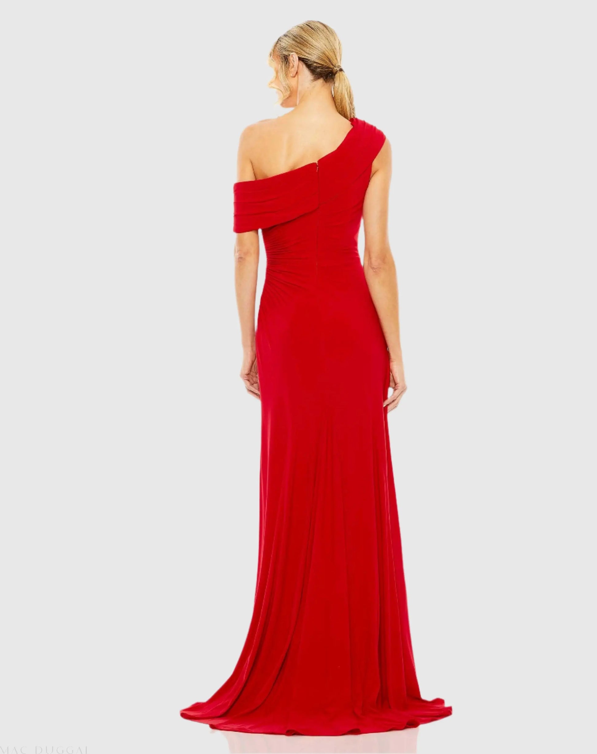 mac duggal red dress Red Foldover Off-the-Shoulder Slit Gown