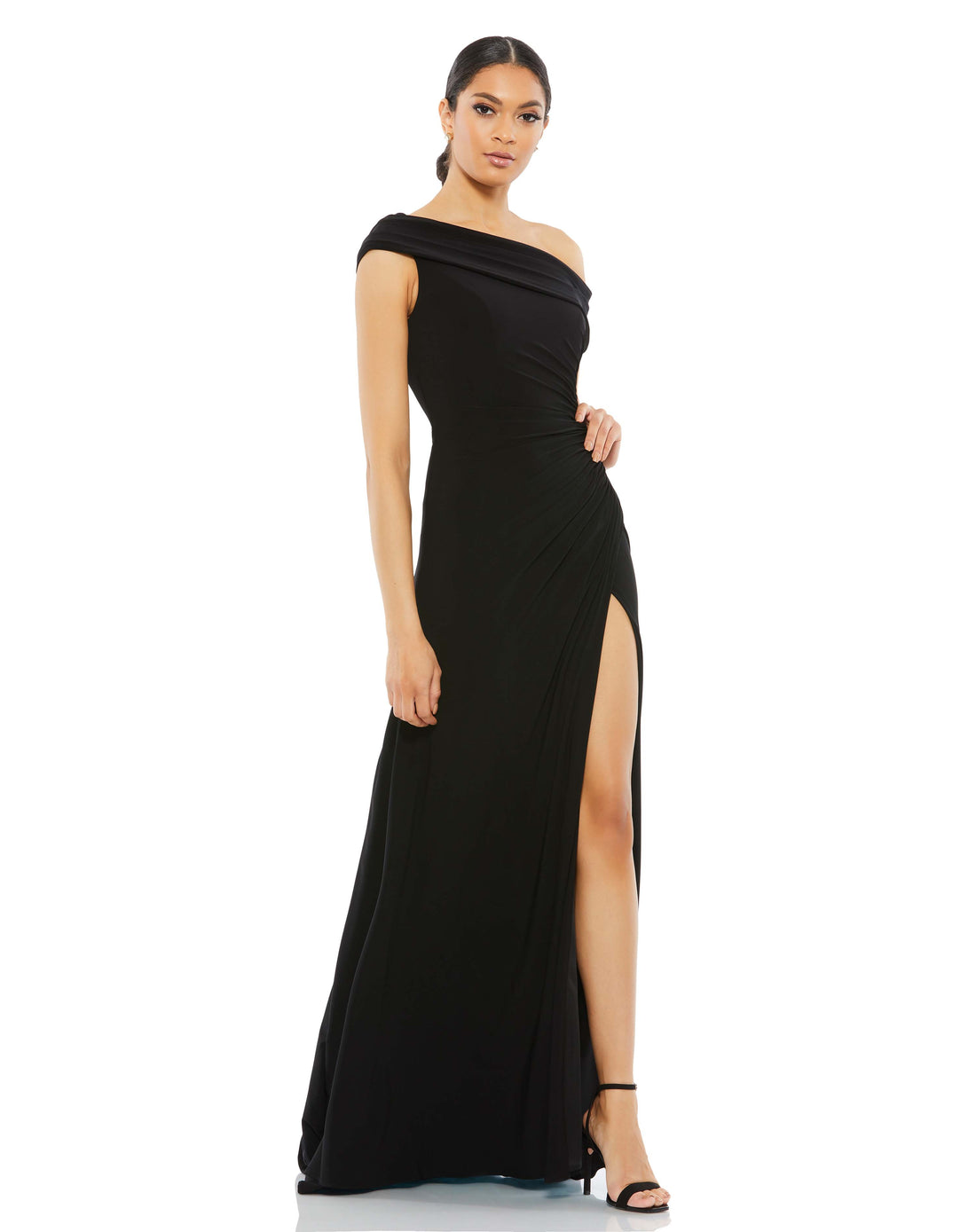 Foldover Off-the-Shoulder Slit Gown