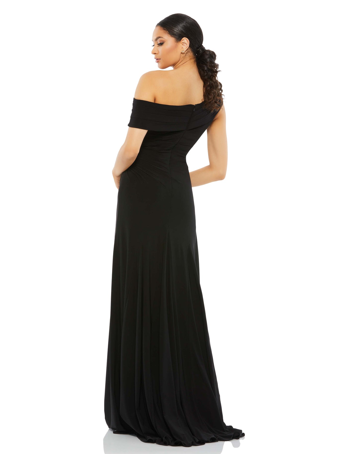 Foldover Off-the-Shoulder Slit Gown