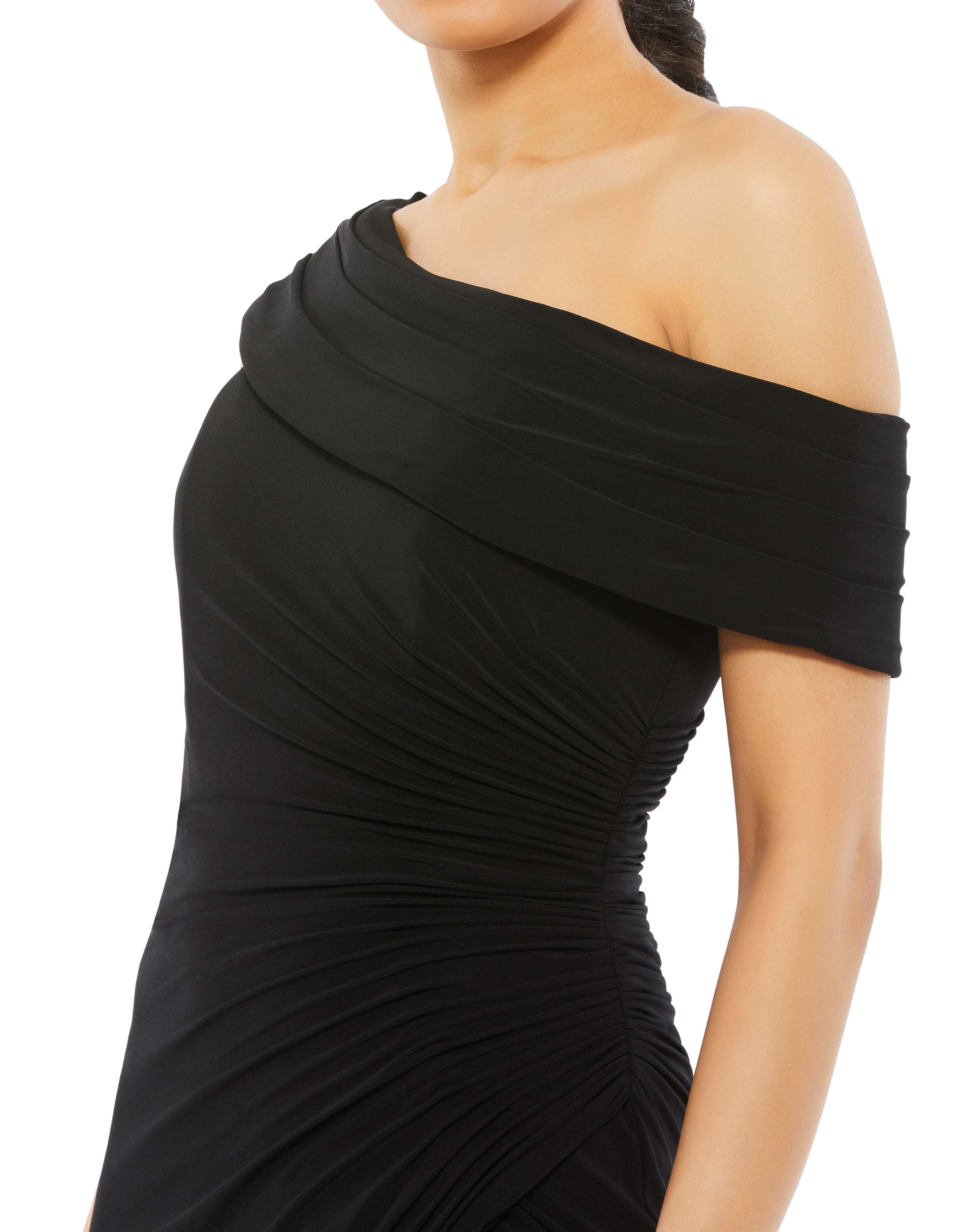 Foldover off-the-shoulder slit gown