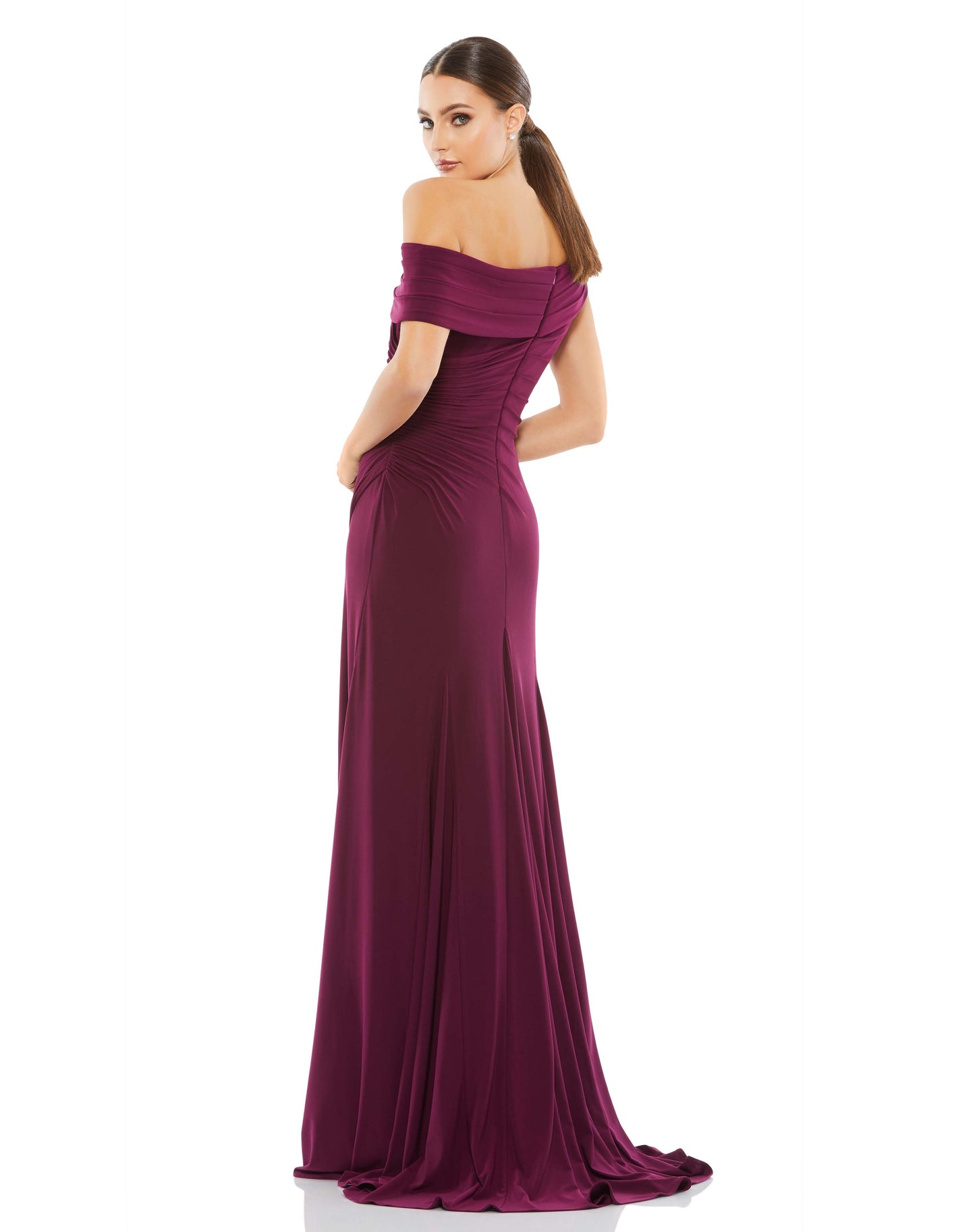 Foldover Off-the-Shoulder Slit Gown