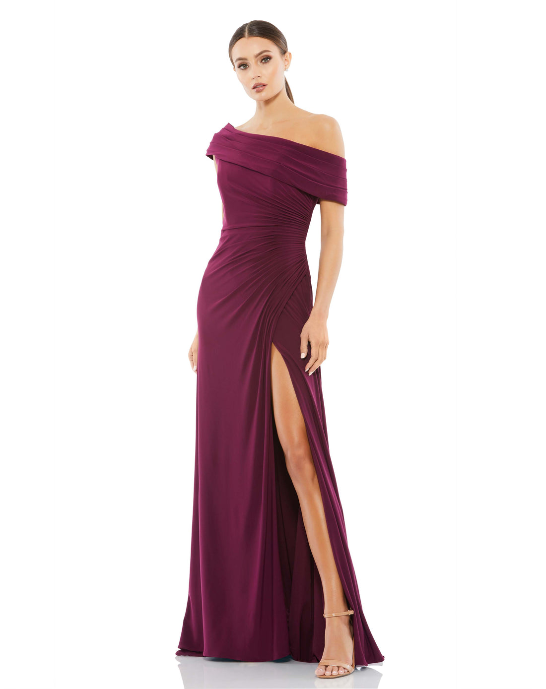 Foldover Off-the-Shoulder Slit Gown