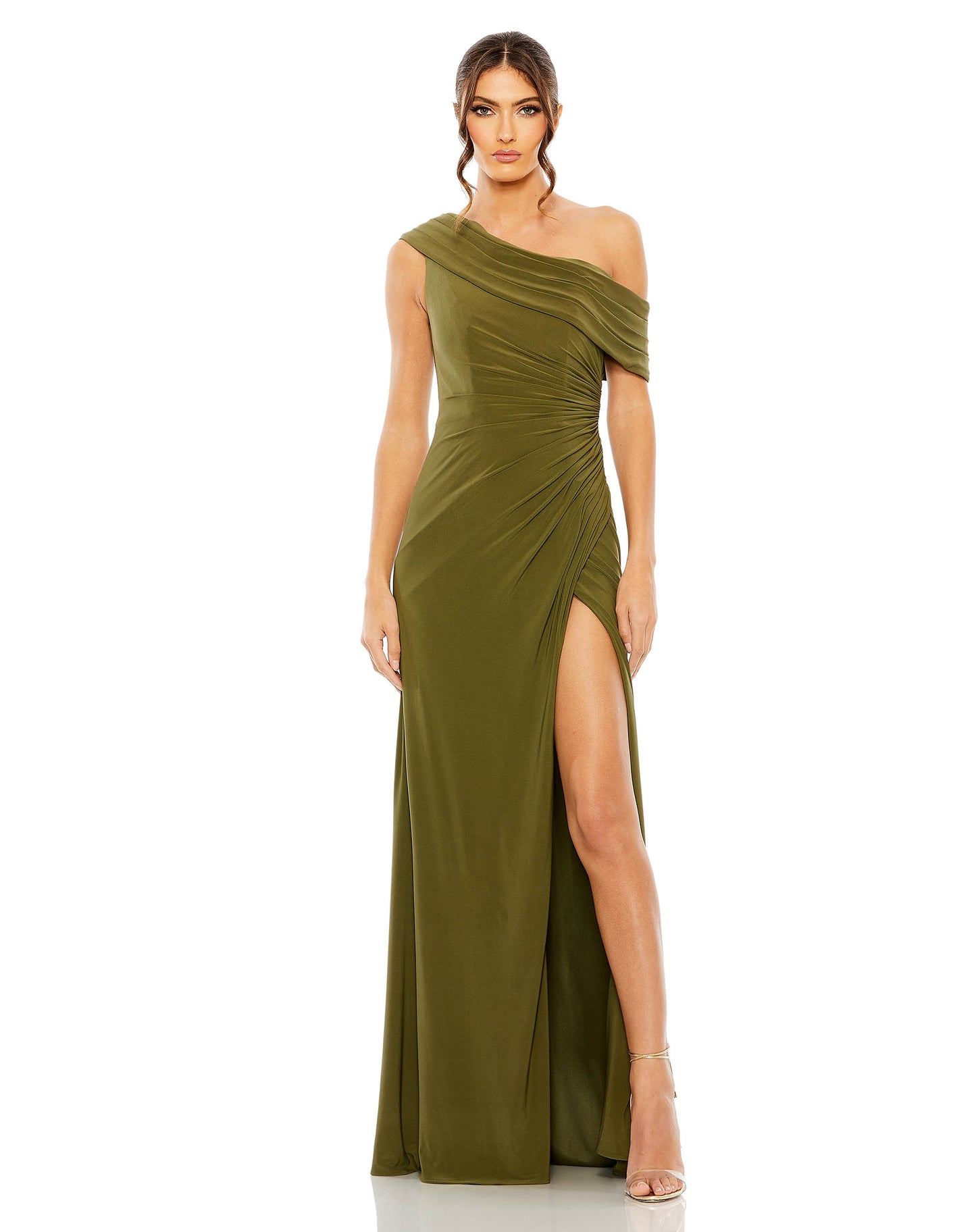 Foldover Off-the-Shoulder Slit Gown